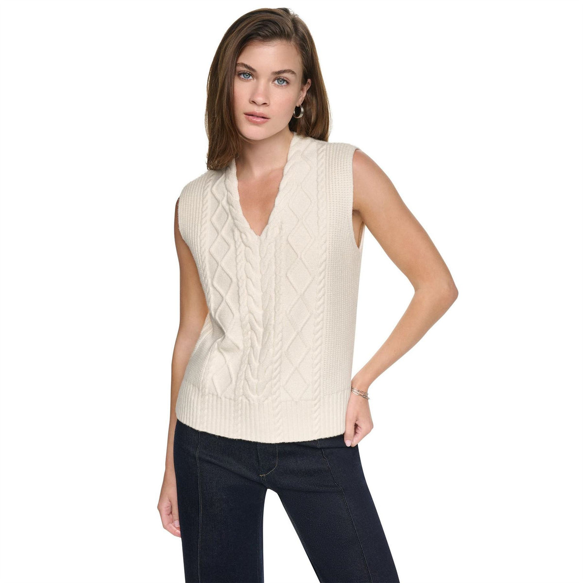 DKNY Sleeveless V Neck Cable Sweater
