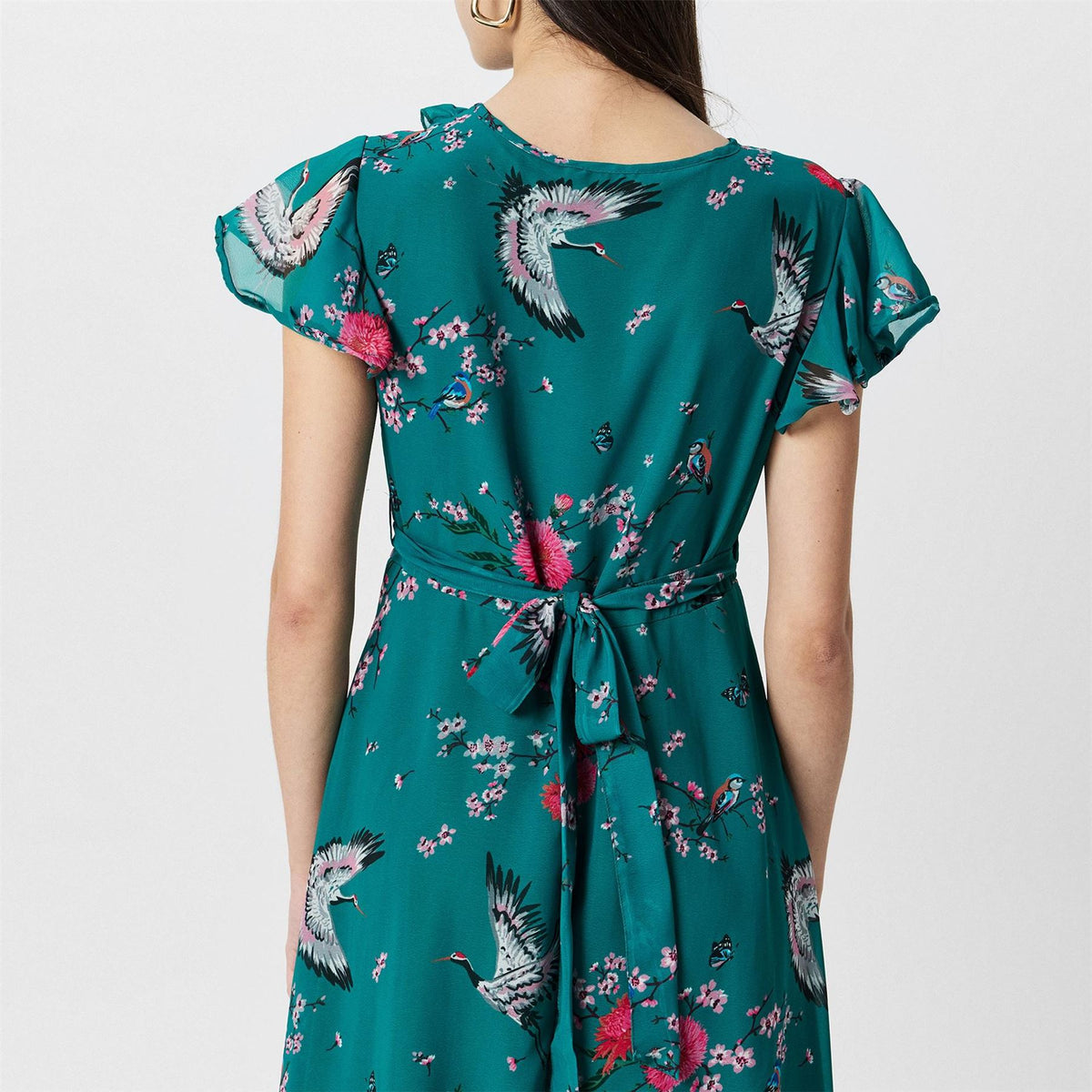 Yumi Crane Print V-Neck Midi Wrap Dress