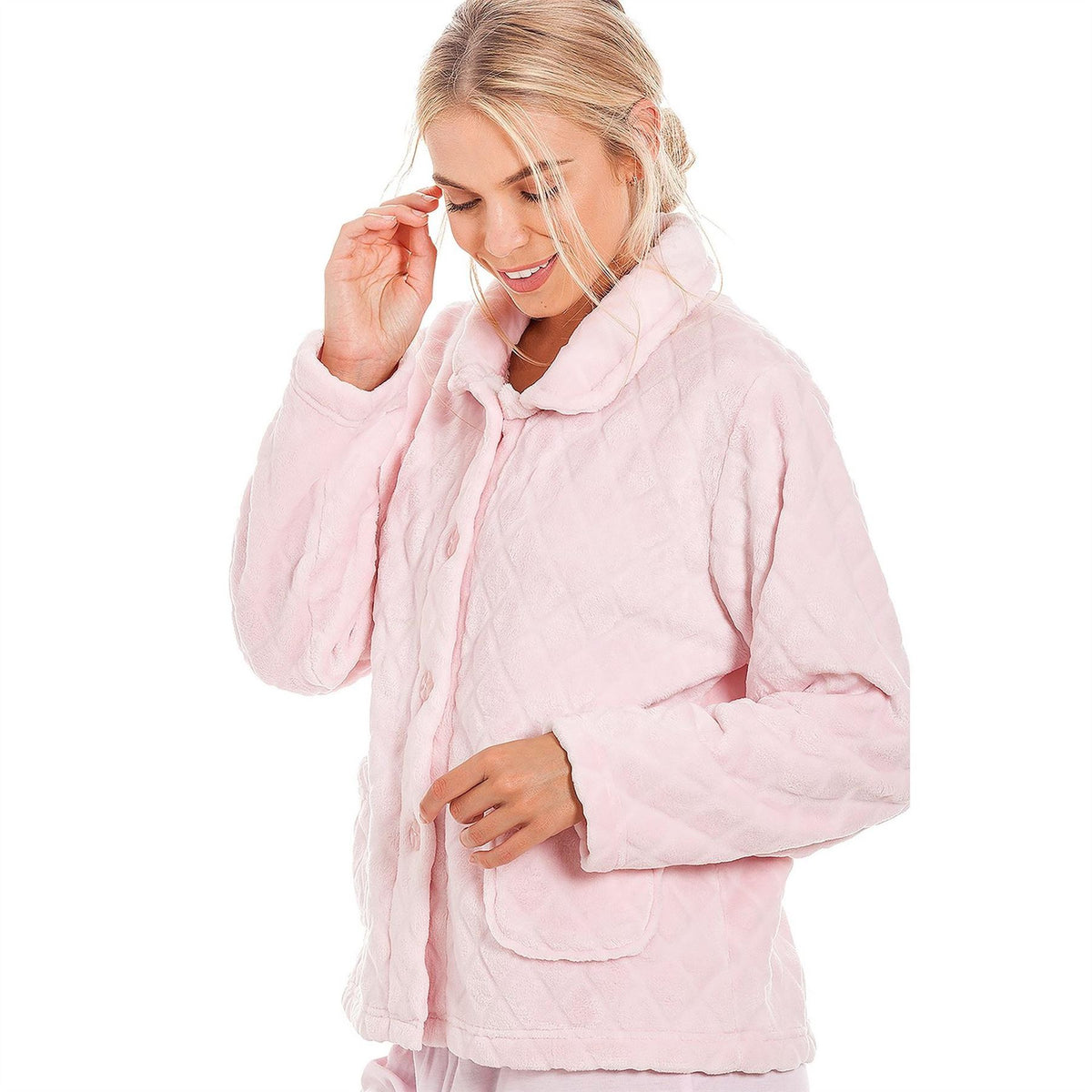 Camille Fleece Diamond Print Bed Jacket With Pockets