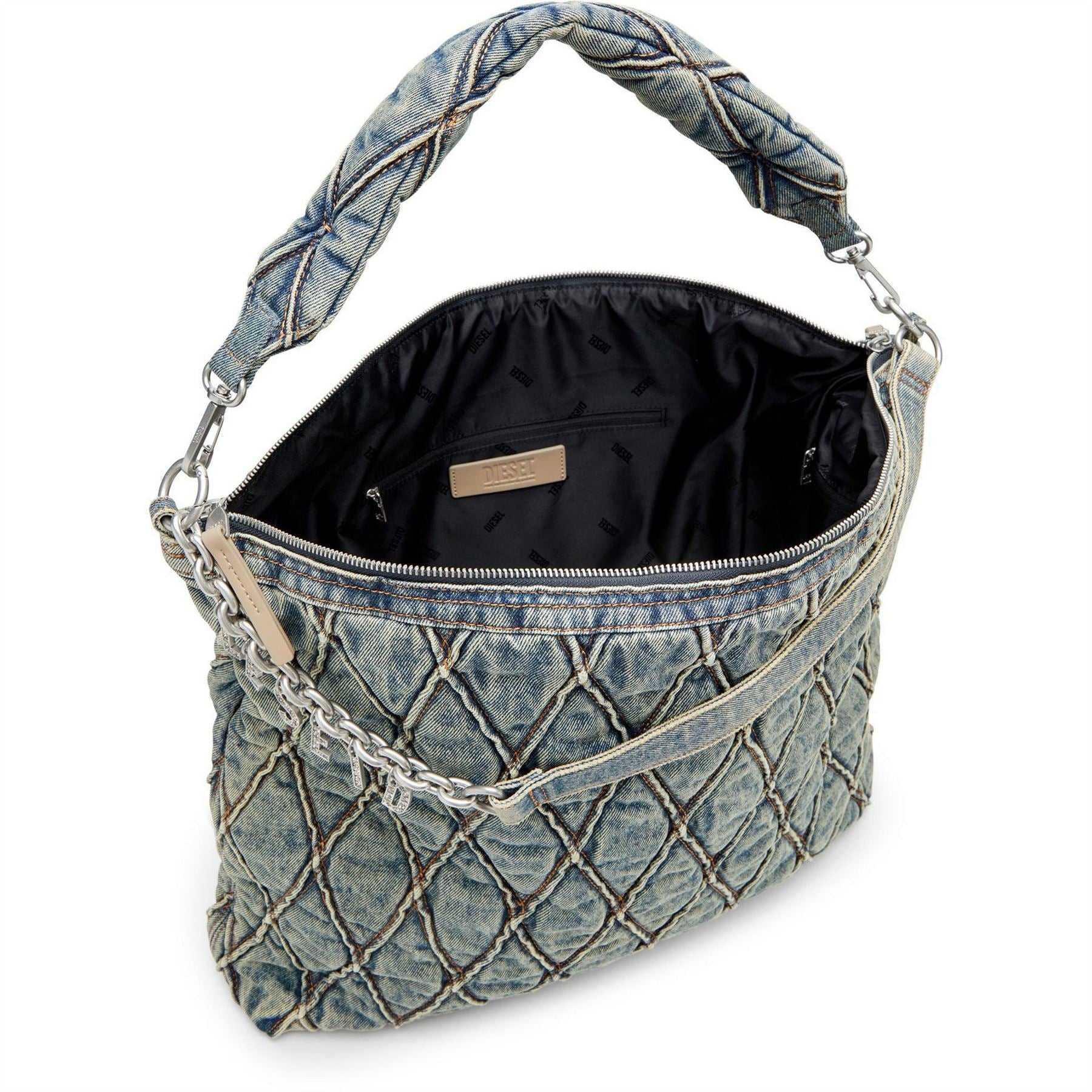 Diesel Charm Geometric Patterned Hobo Bag with Chain