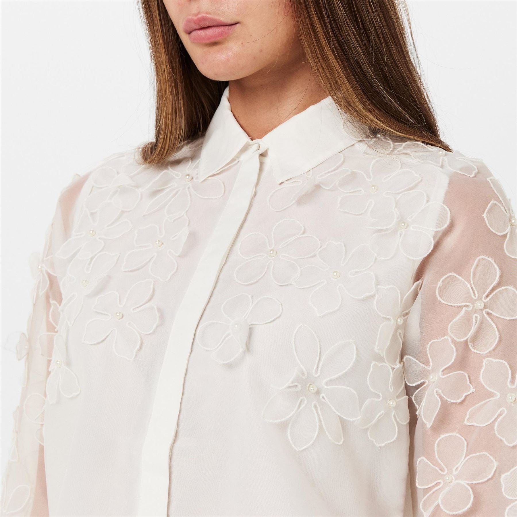 French Connection 3D Floral Embellished Relaxed Fit Long Sleeve Cuff Shirt