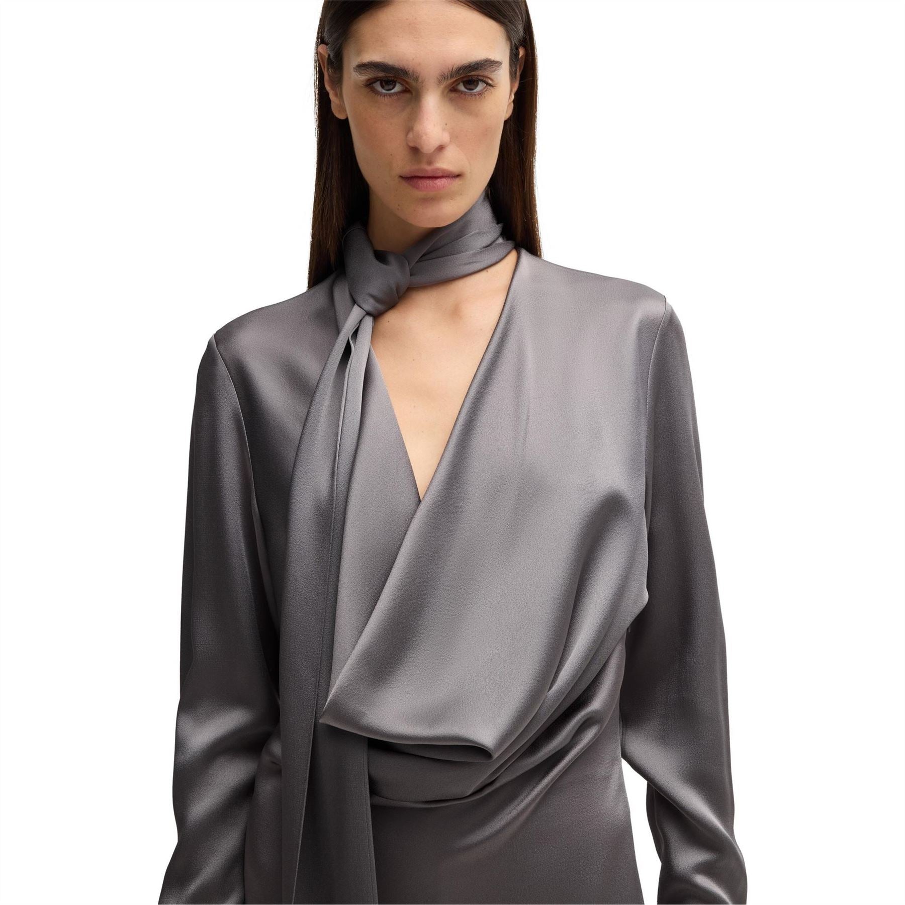 Boss Bascarva Tie Neck Long Sleeve Knee Length Dress