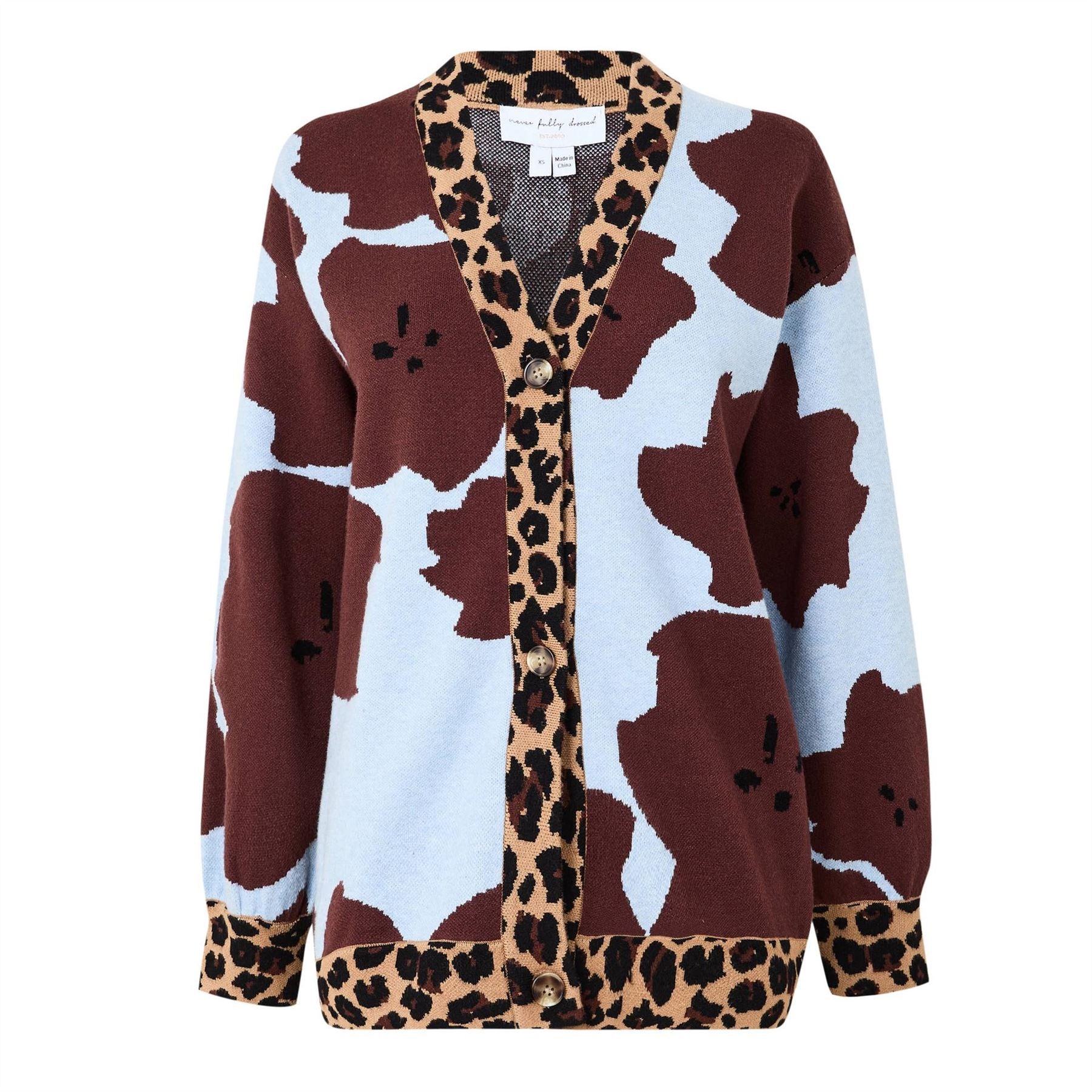 Never Fully Dressed Kirsty Fine Knit Animal Print V Neck Longline Cardigan