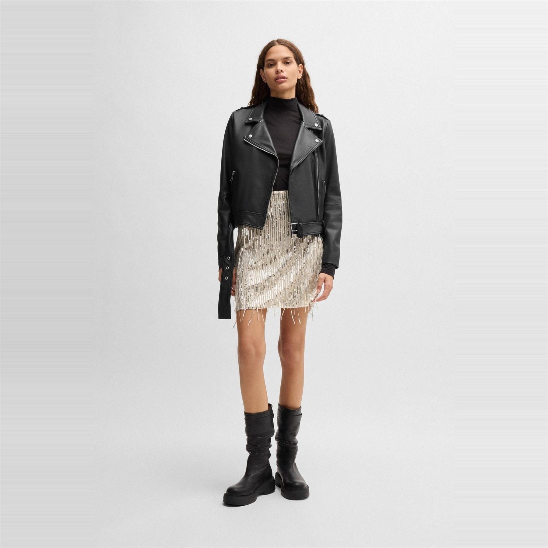 Boss Solid Patterned Asymmetric Zipper Lapel Collared Bike Jacket