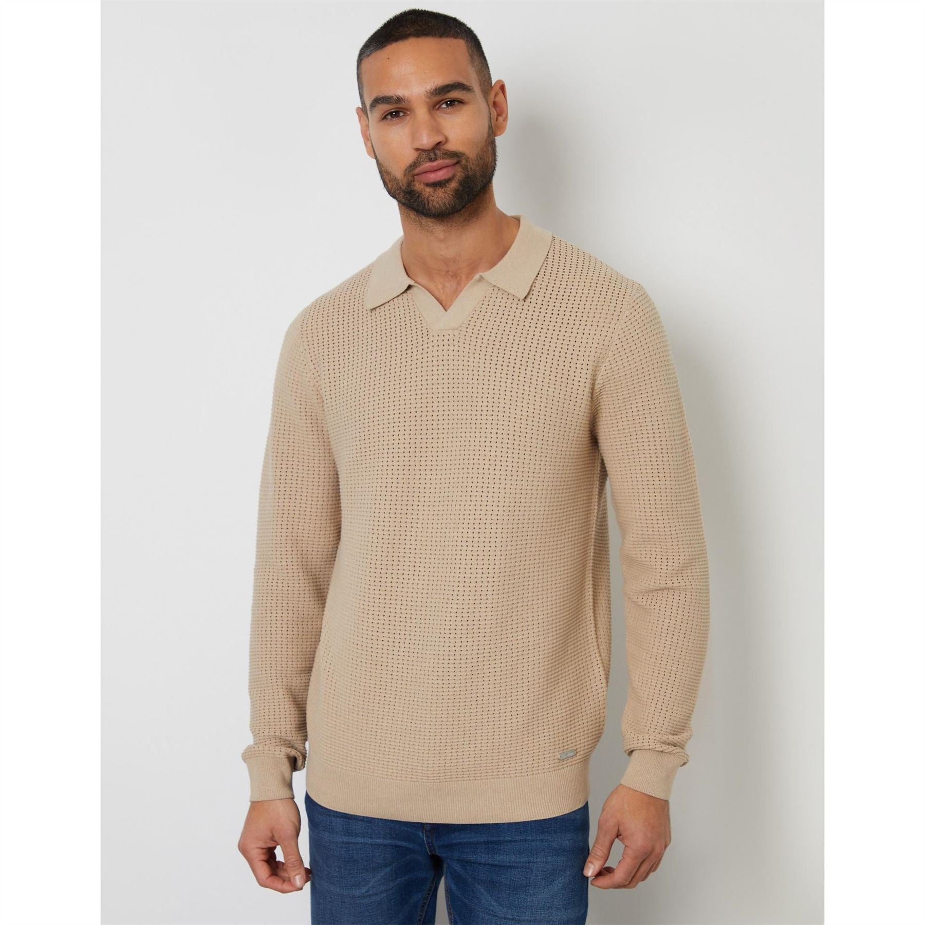 Threadbare Brockholes Long Sleeve Knitted Polo Shirt