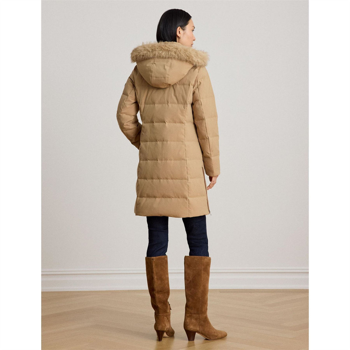 Lauren by Ralph Lauren Real Leather Fur Hood Medium Puffer Jacket