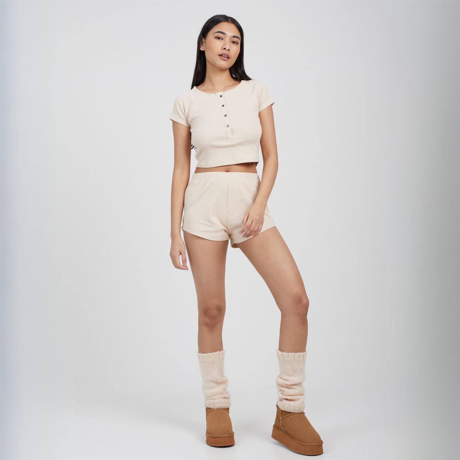 Brave Soul Womens Lounge Set With Henley Cropped Tee  And  Matching Shorts