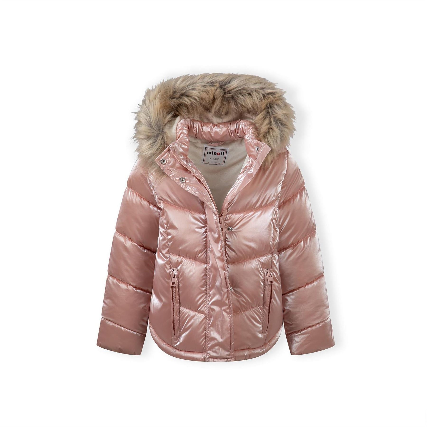 Minoti Girls Winter Jacket With Metallic Finish And Faux Fur Pink