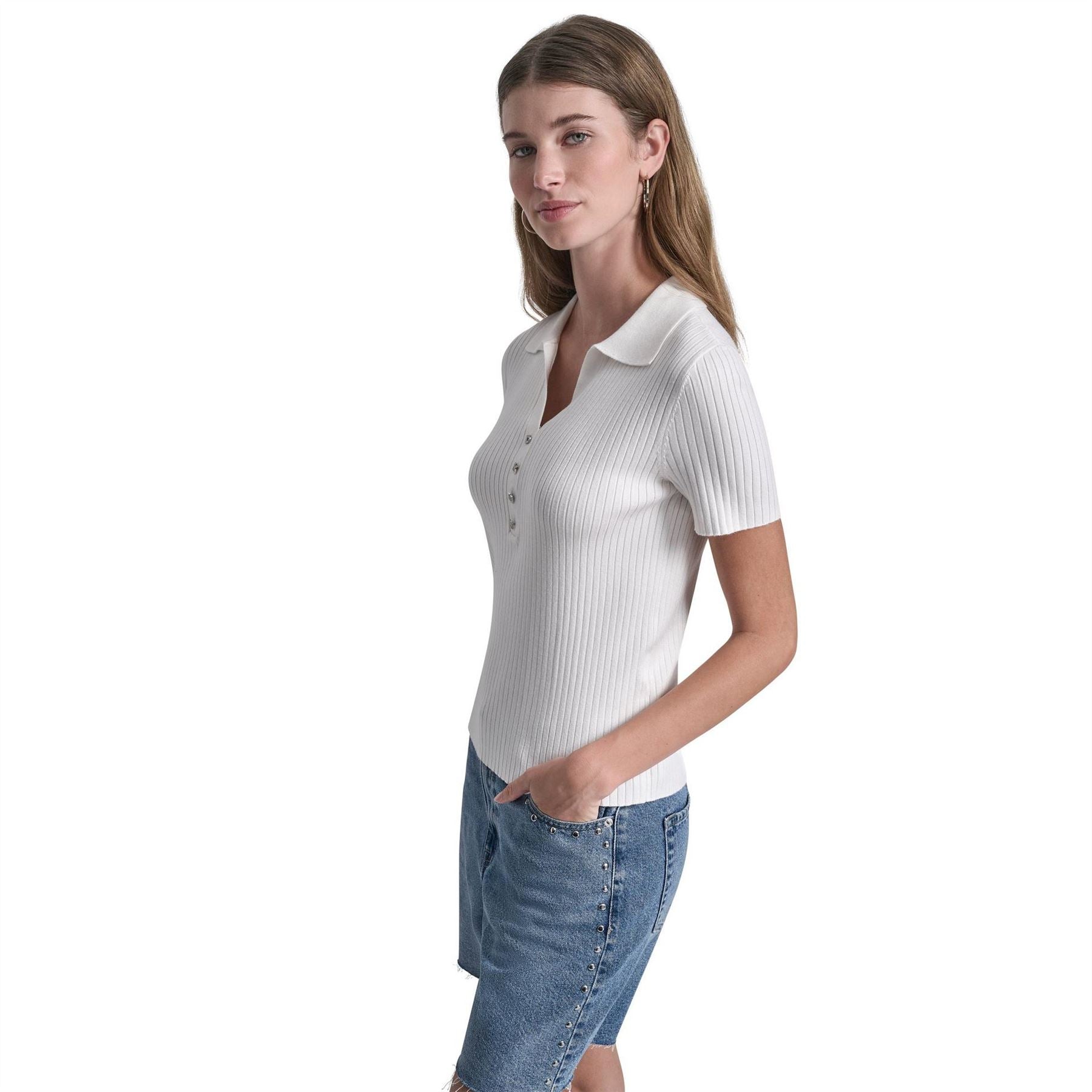 DKNY Jeans Short Sleeve Rib Polo W  Logo Rhinestone Buttons