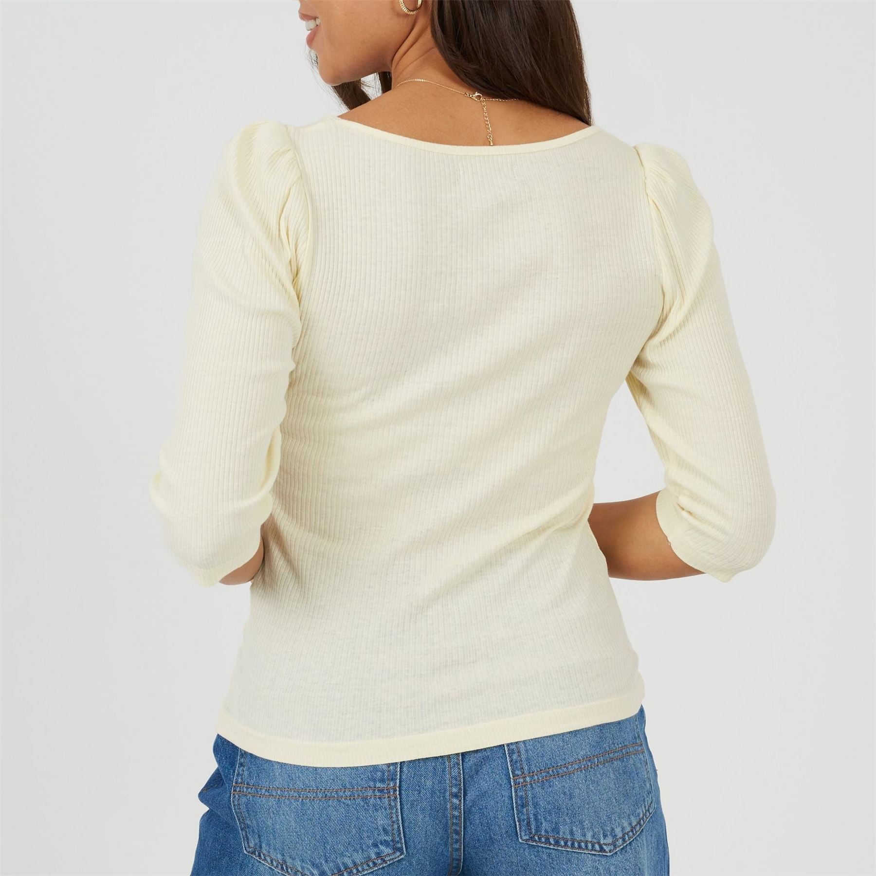 Brave Soul Square Neck Puff Sleeve Three Quarter T-Shirt