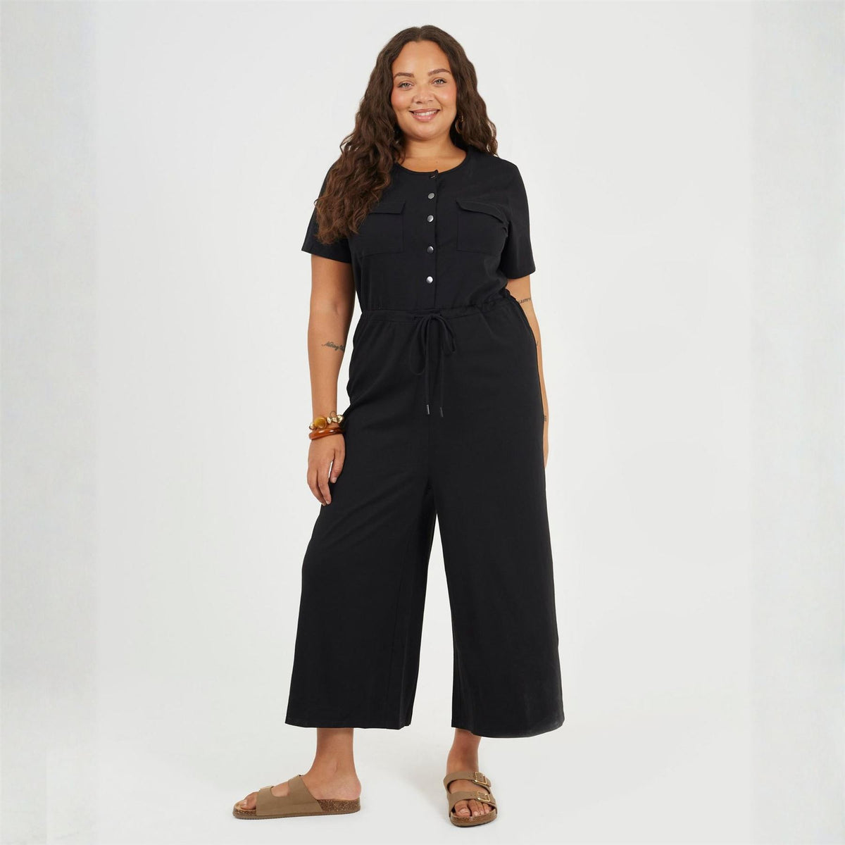 Brave Soul Crew Neck Short Sleeve Solid Patterned Culotte Jumpsuit