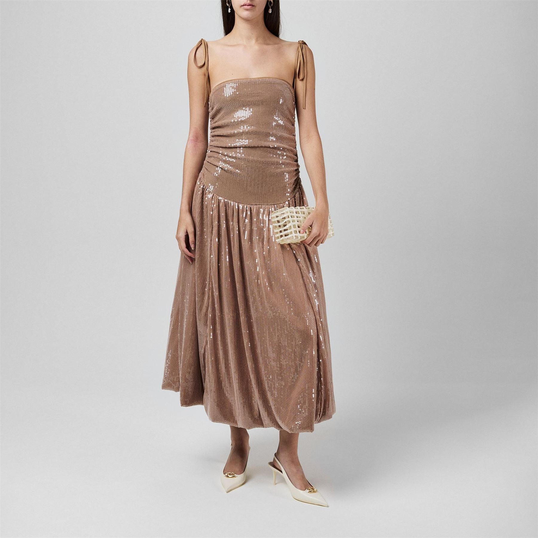 AmyLynn Sequin Square Neck Midi Peplum Dress