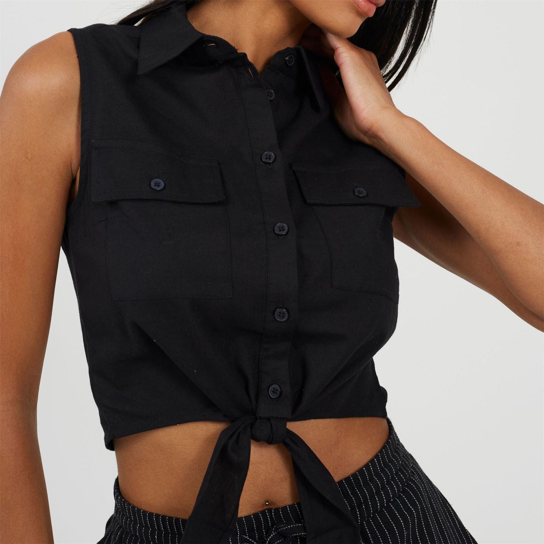 Brave Soul Womens Sleeveless Collared Top With Tie Detail