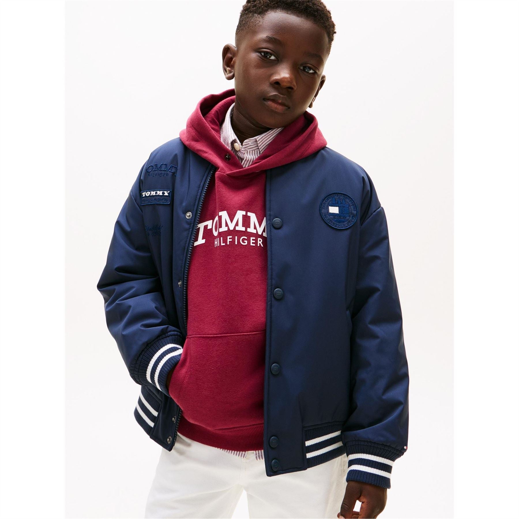 Tommy Hilfiger Bold Logo Snap Button Bomber Jacket with Ribbed Cuff