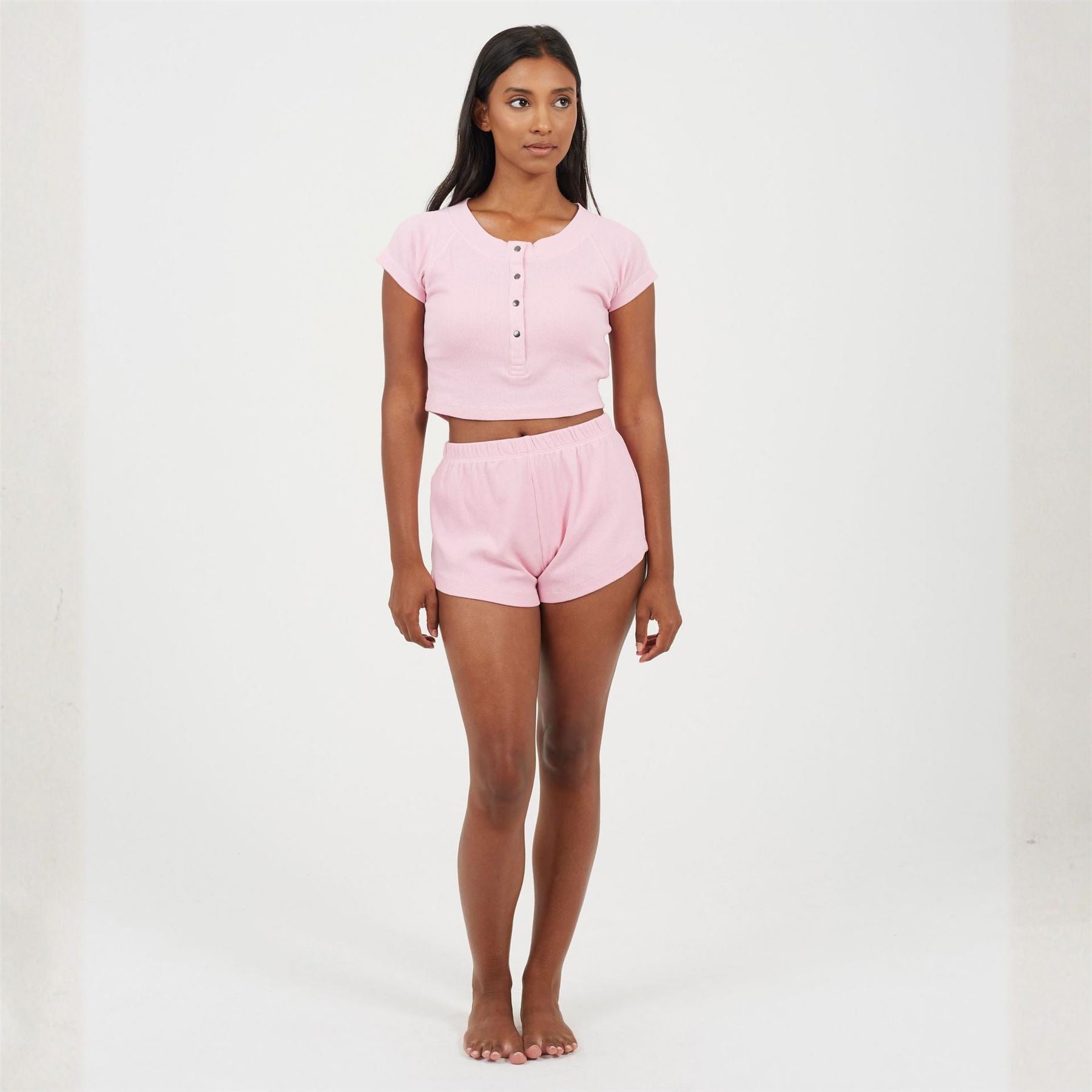 Brave Soul Womens Lounge Set With Henley Cropped Tee  And  Matching Shorts