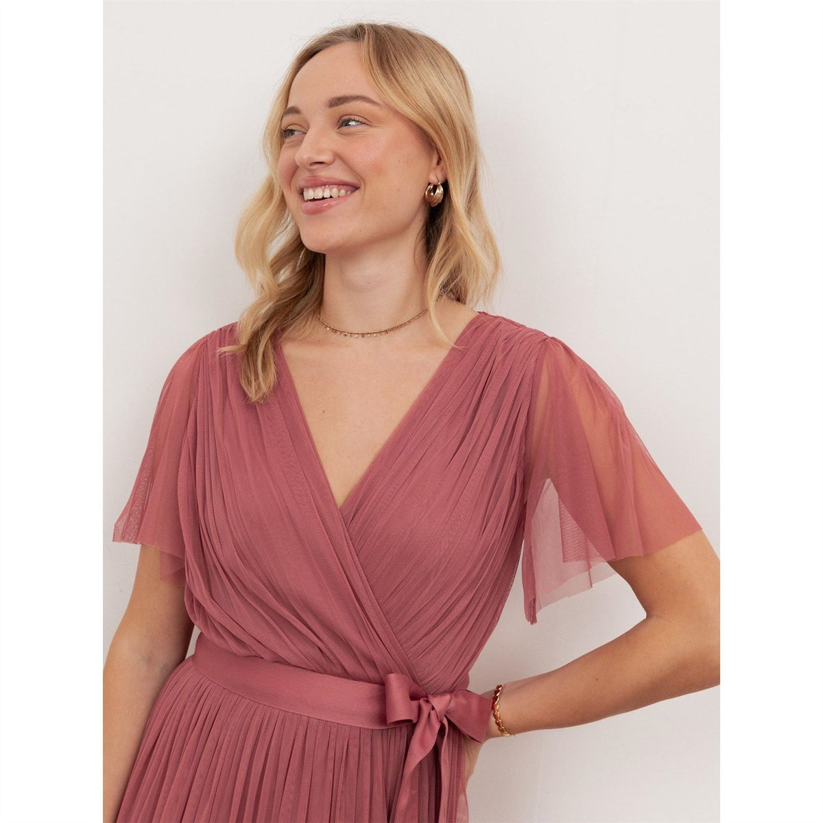 Anaya With Love With Love Recycled Faded Rose Tulle Faux Wrap Short Sleeve Maxi Dress