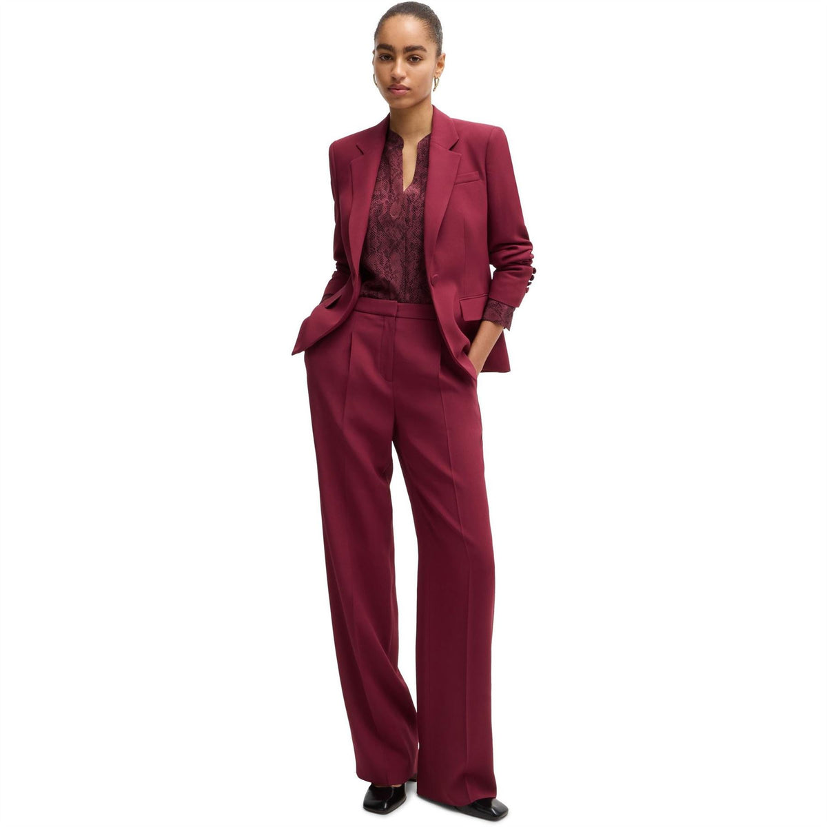 Boss Notched Neck Band Collar Long Sleeve Blouse