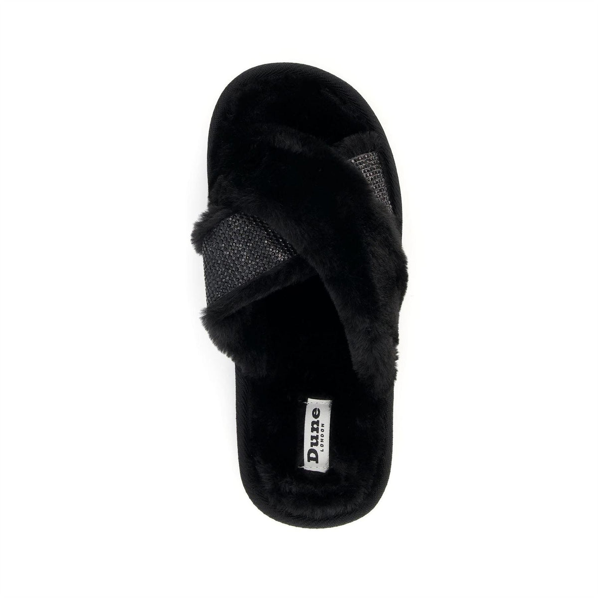 Dune London Diamante Cross Strap Faux Fur Slippers