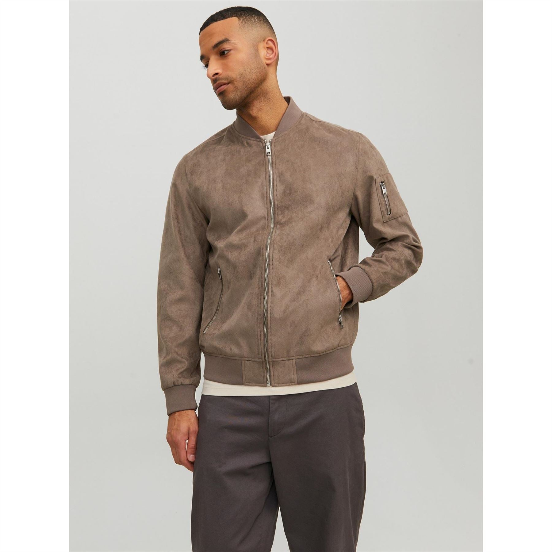 Jack and Jones Faux Suede Bomber Rib Crew Neck Jacket