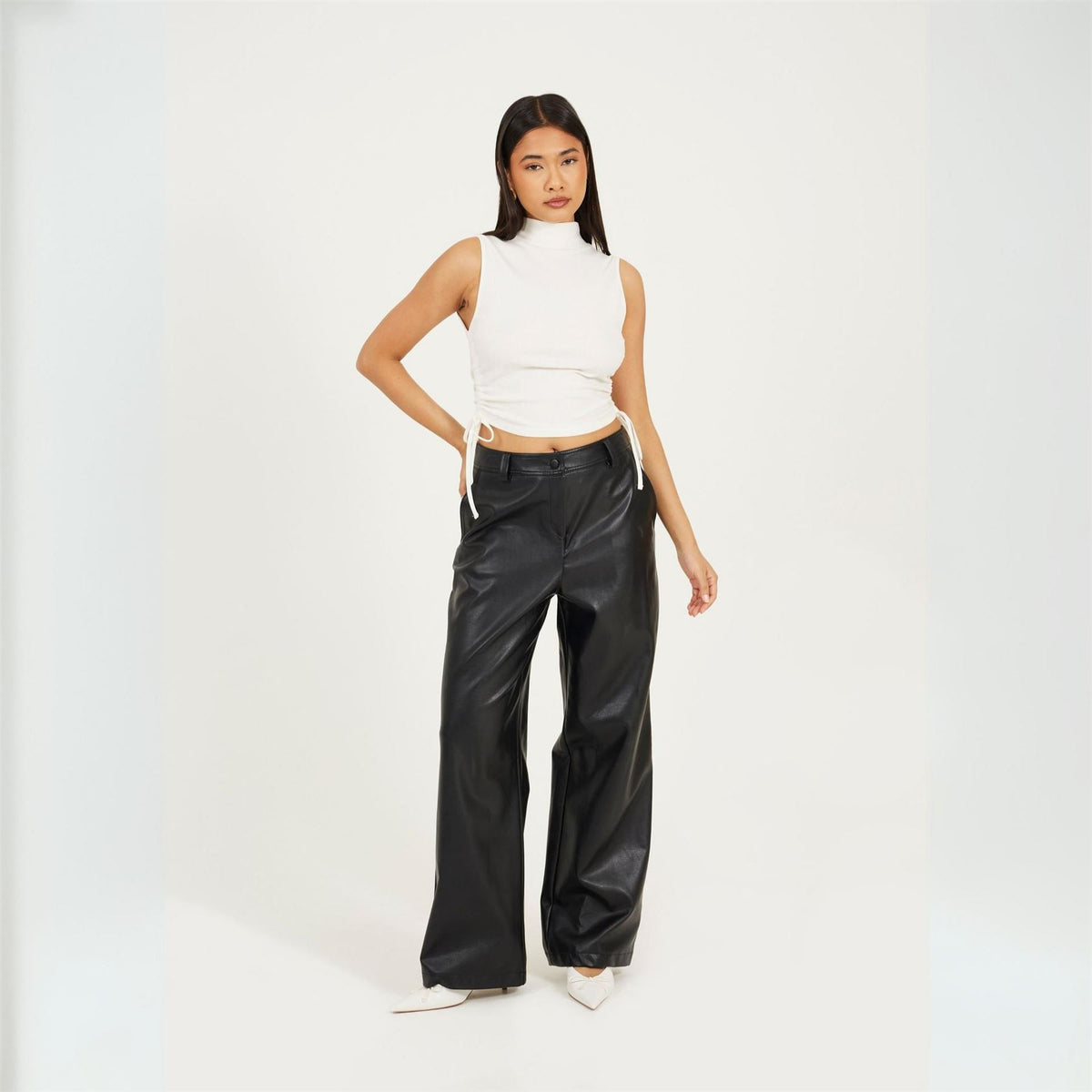 Brave Soul Womens Sleeveless High Neck Top With Drawstring Side Detail.