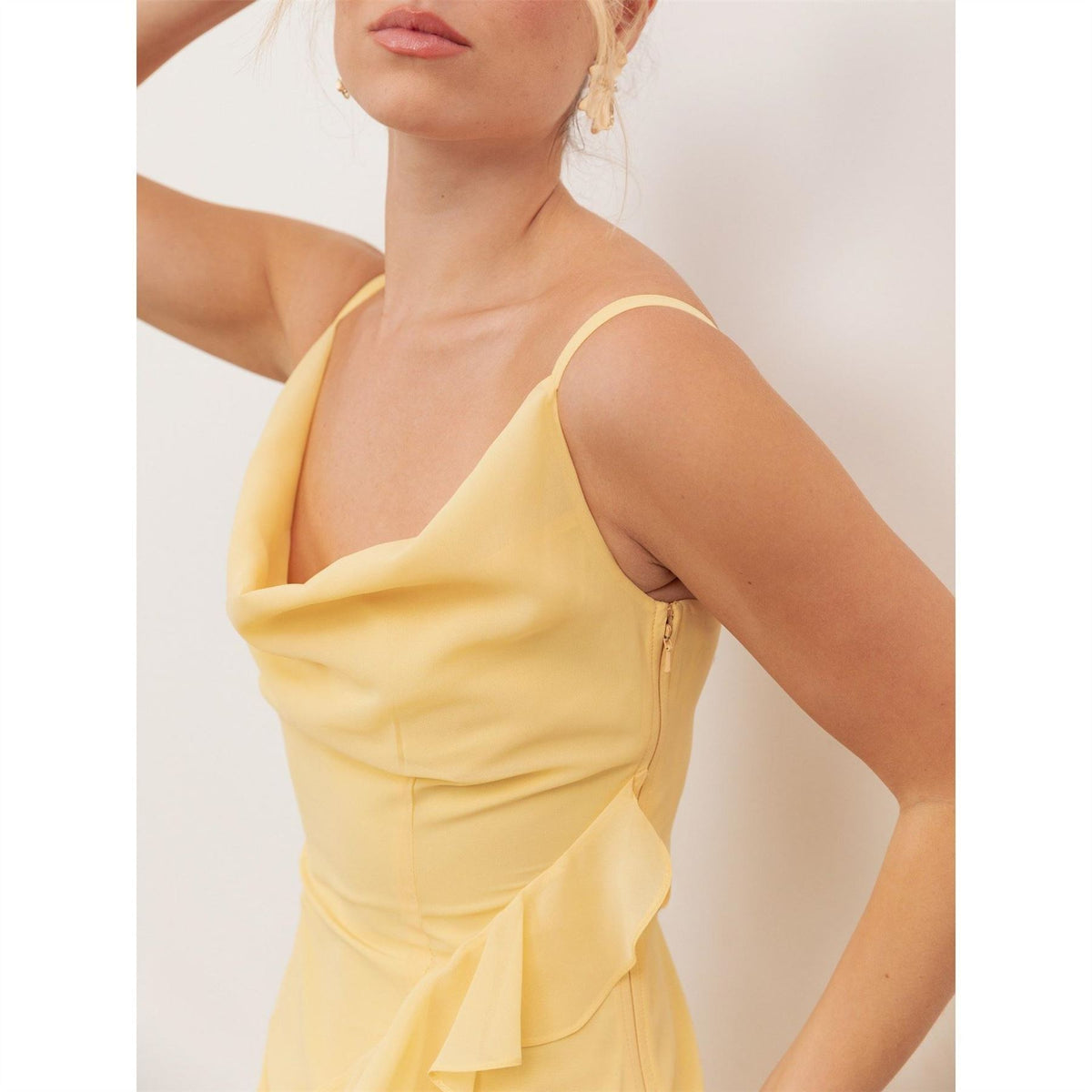 Anaya With Love With Love Recycled Butter Yellow Waterfall Ruffle Cowl Neck Cami Maxi Dress