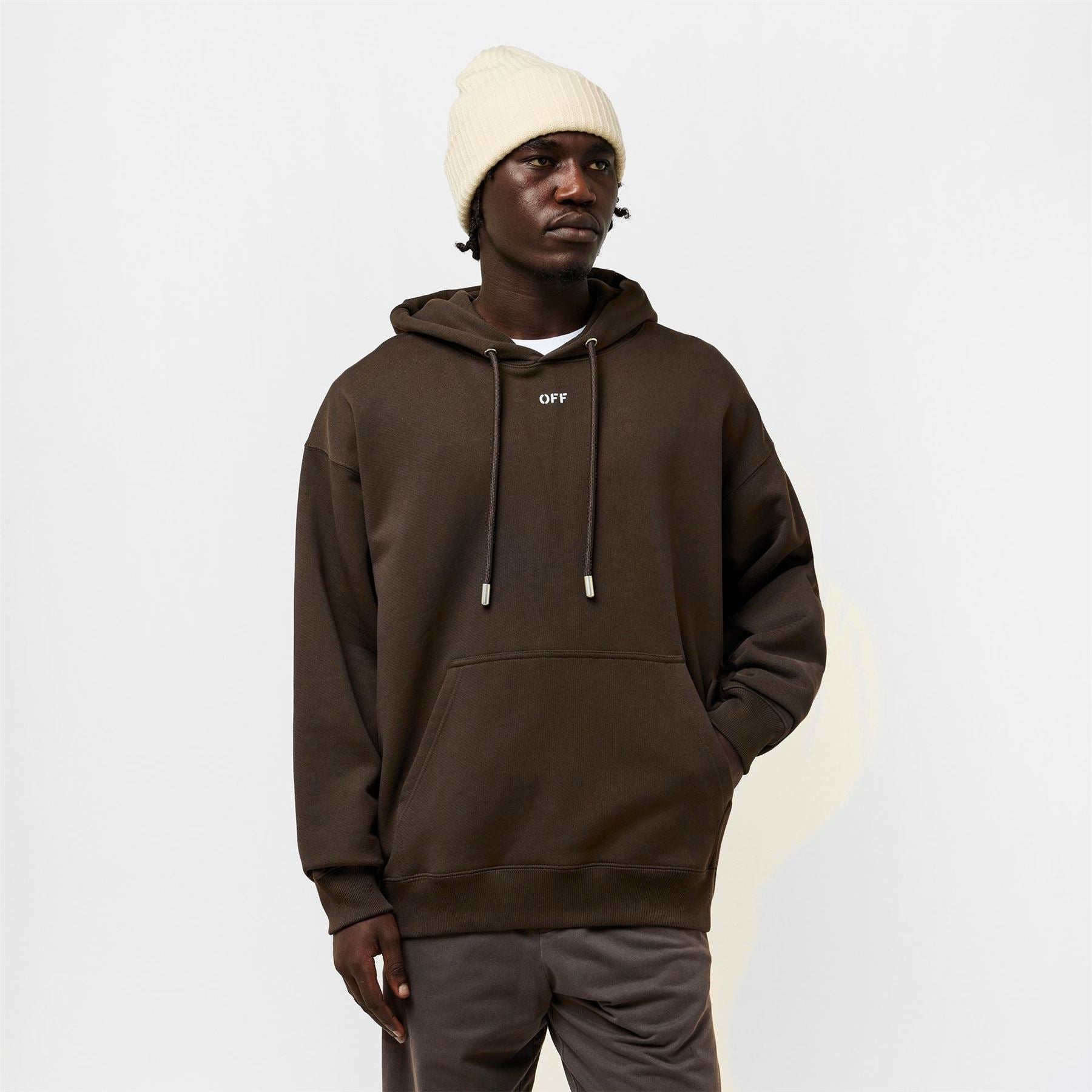 Off White Hooded Neck Skate Sweatshirt with Kangaroo Pocket