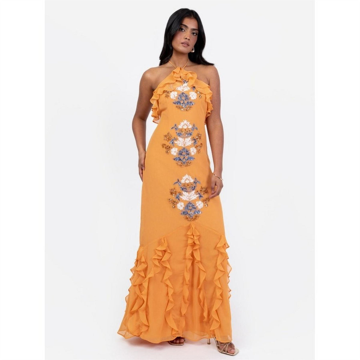 Maya Deluxe Orange Embellished Halter Neck Ruffled Maxi Dress
