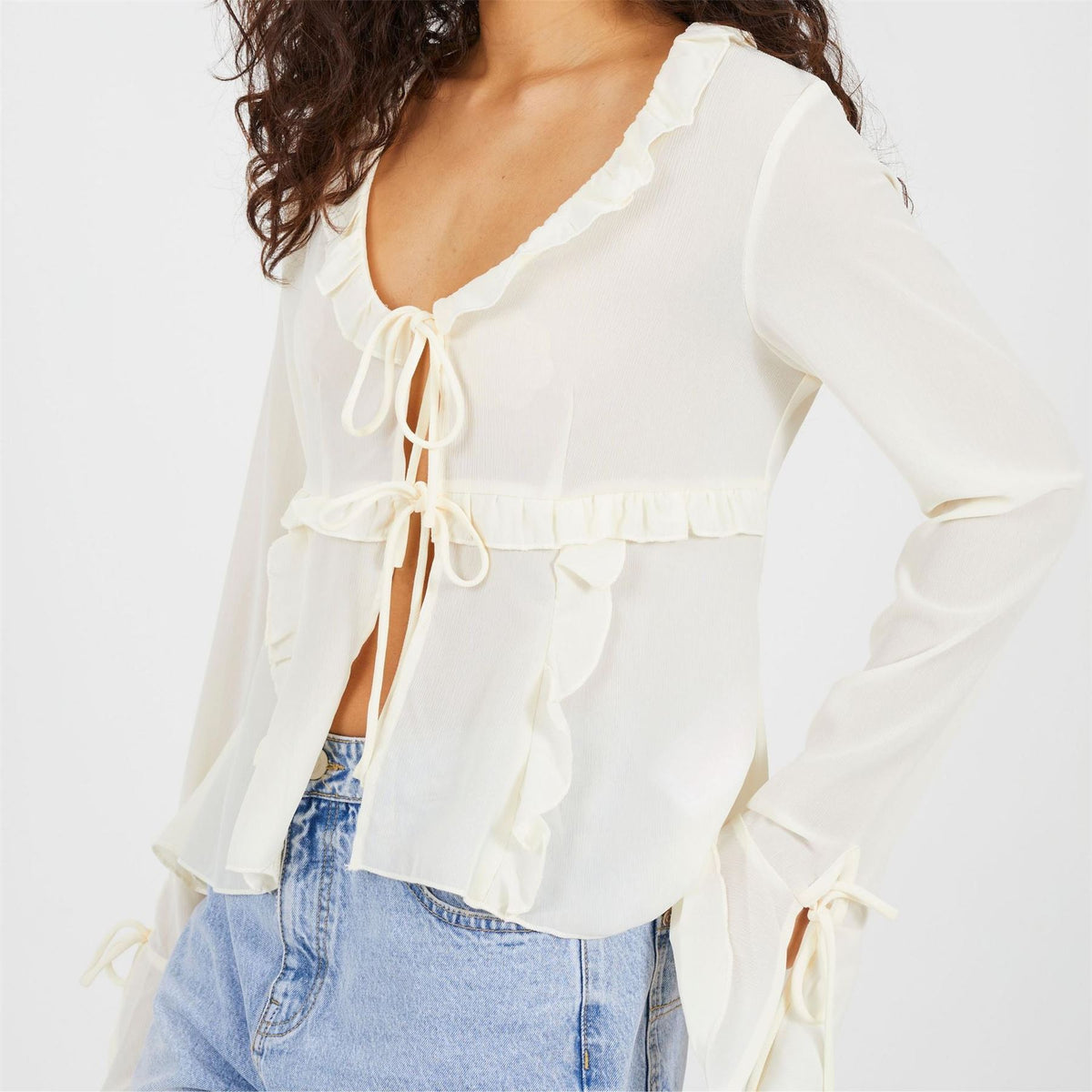Brave Soul Womens Long Sleeve Frill Top With Front Tie Detail