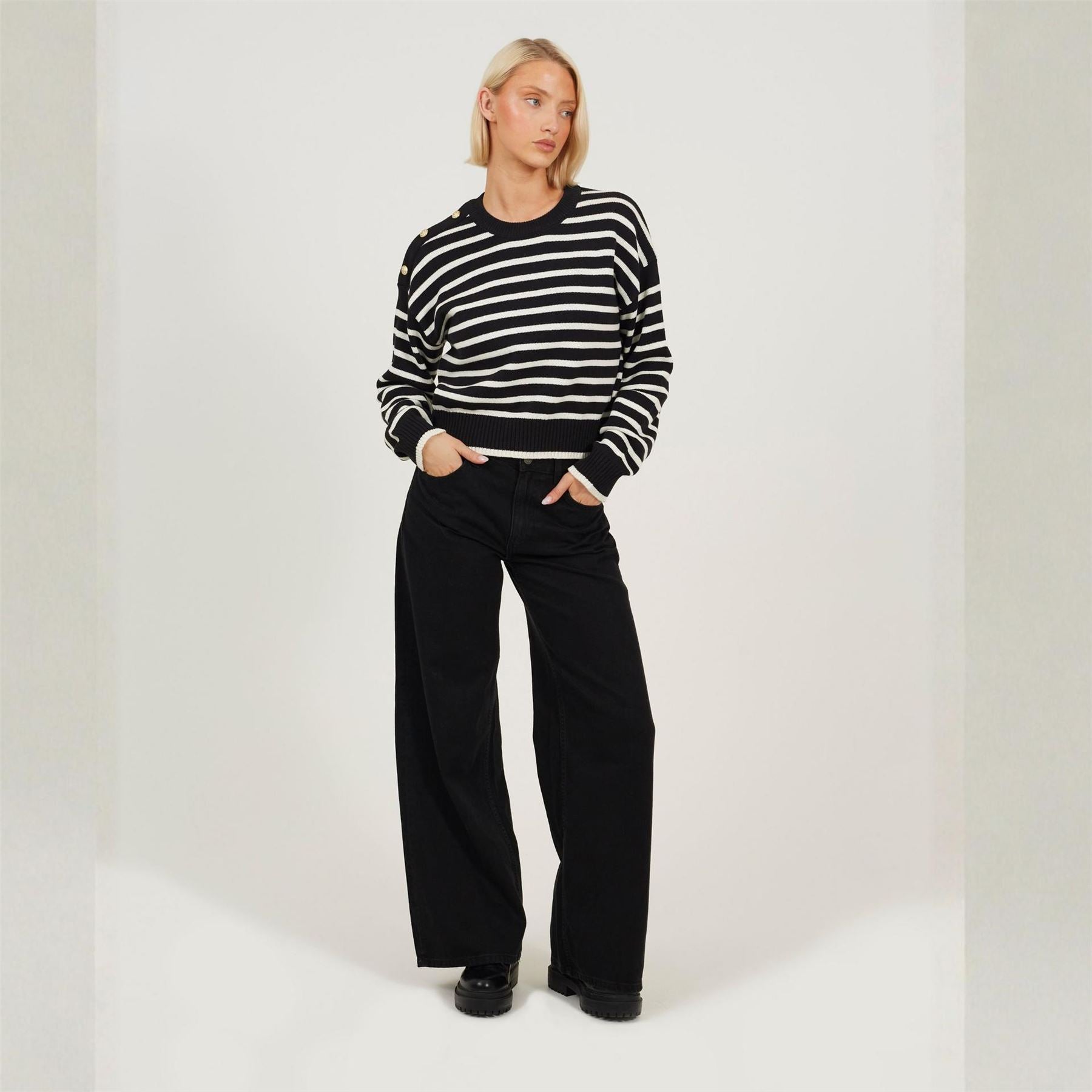 Brave Soul Boxy Crew Neck Striped Jumper With Shoulder Button Detail