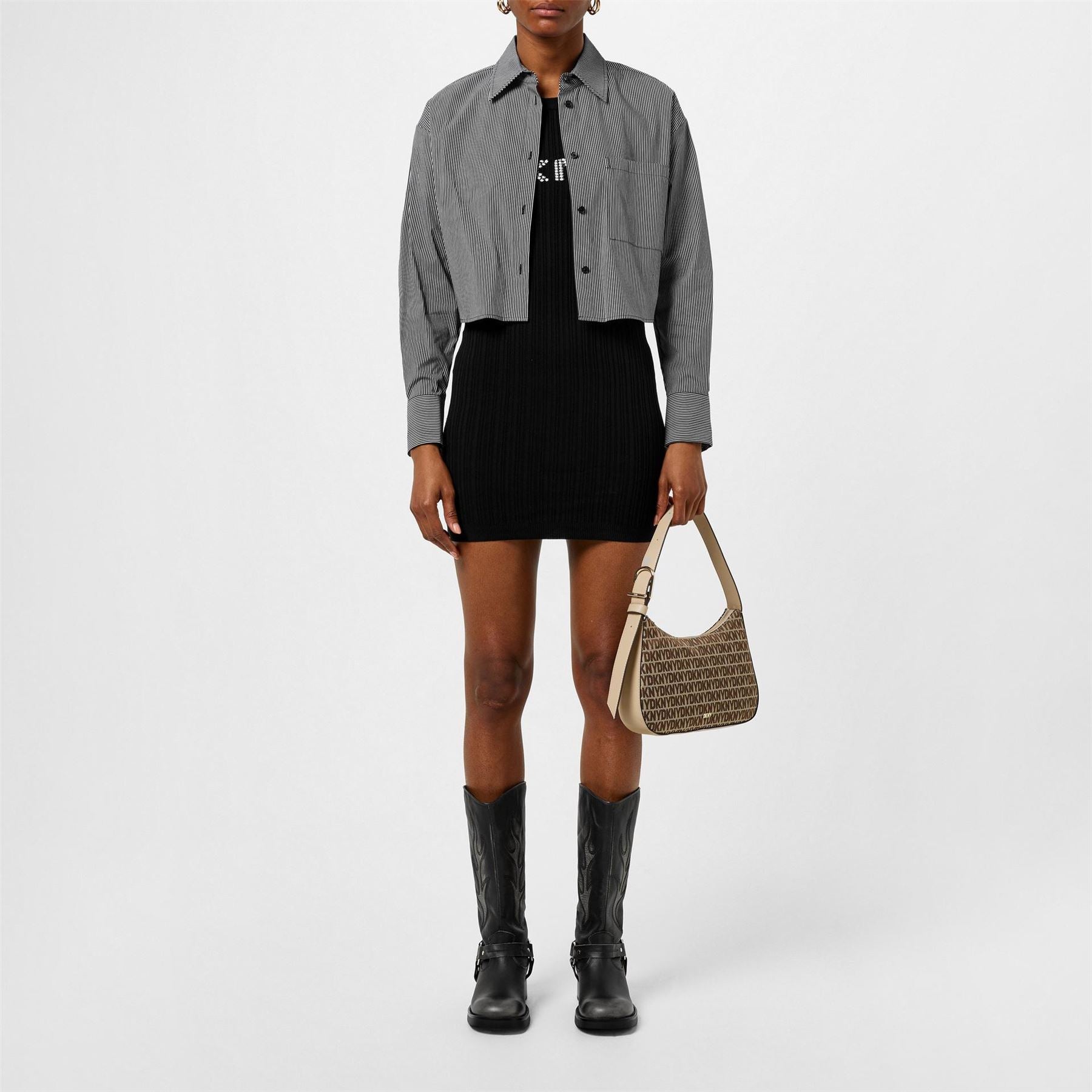 DKNY Cropped Stripe Long Sleeve Oxford Shirt