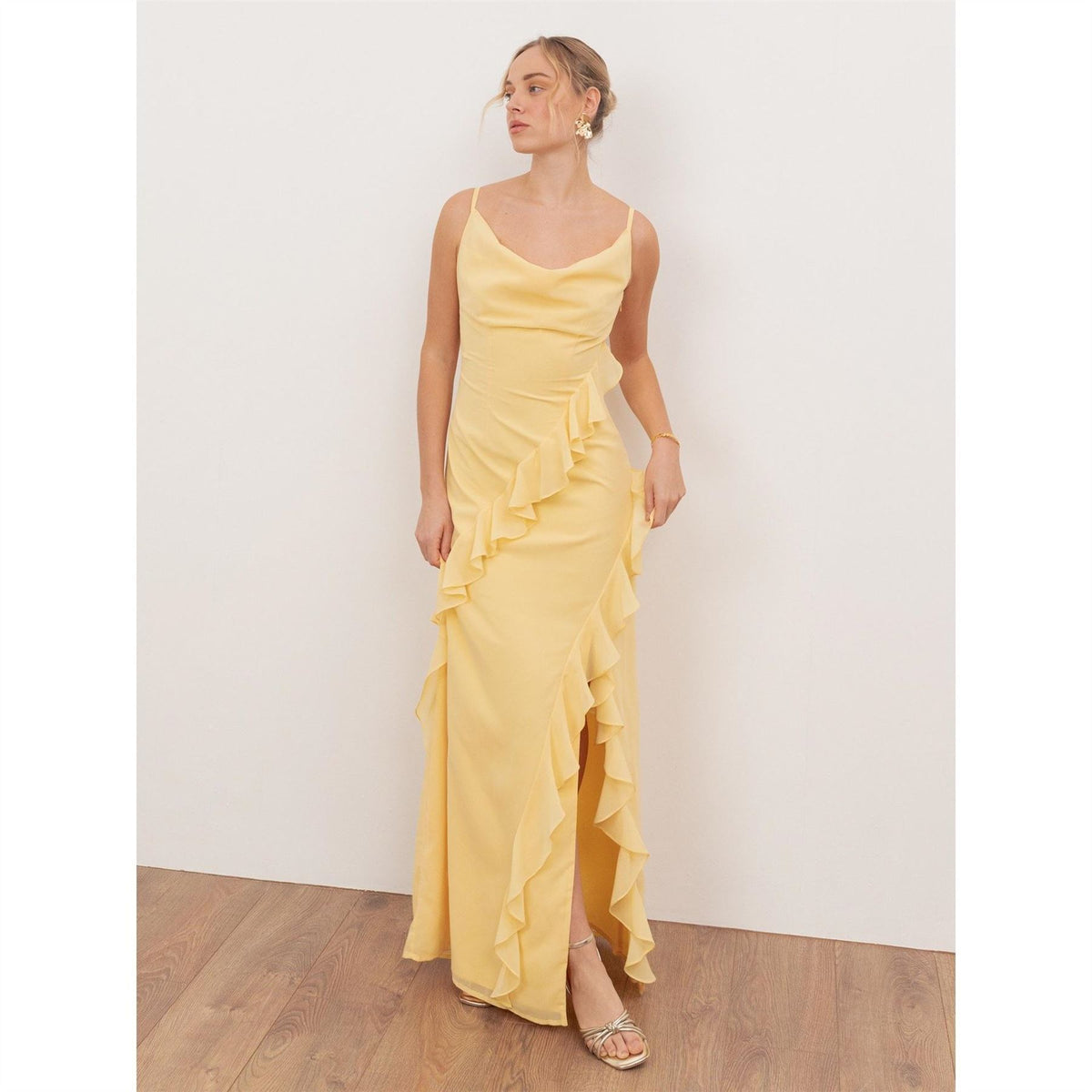 Anaya With Love With Love Recycled Butter Yellow Waterfall Ruffle Cowl Neck Cami Maxi Dress