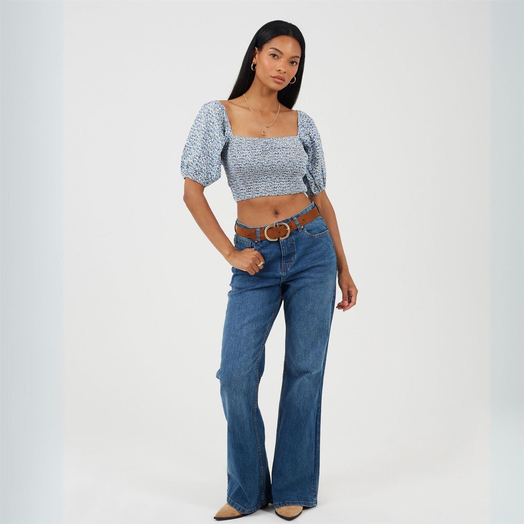 Brave Soul Womens Cropped Puff Sleeve Top With Shirred Body