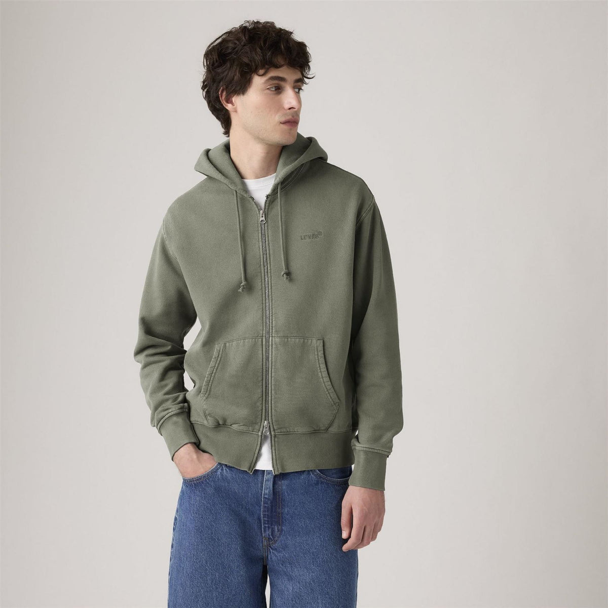 Levis Solid Patterned Hooded Neck Full Zipper Ribbed Cuff Sweat Jacket