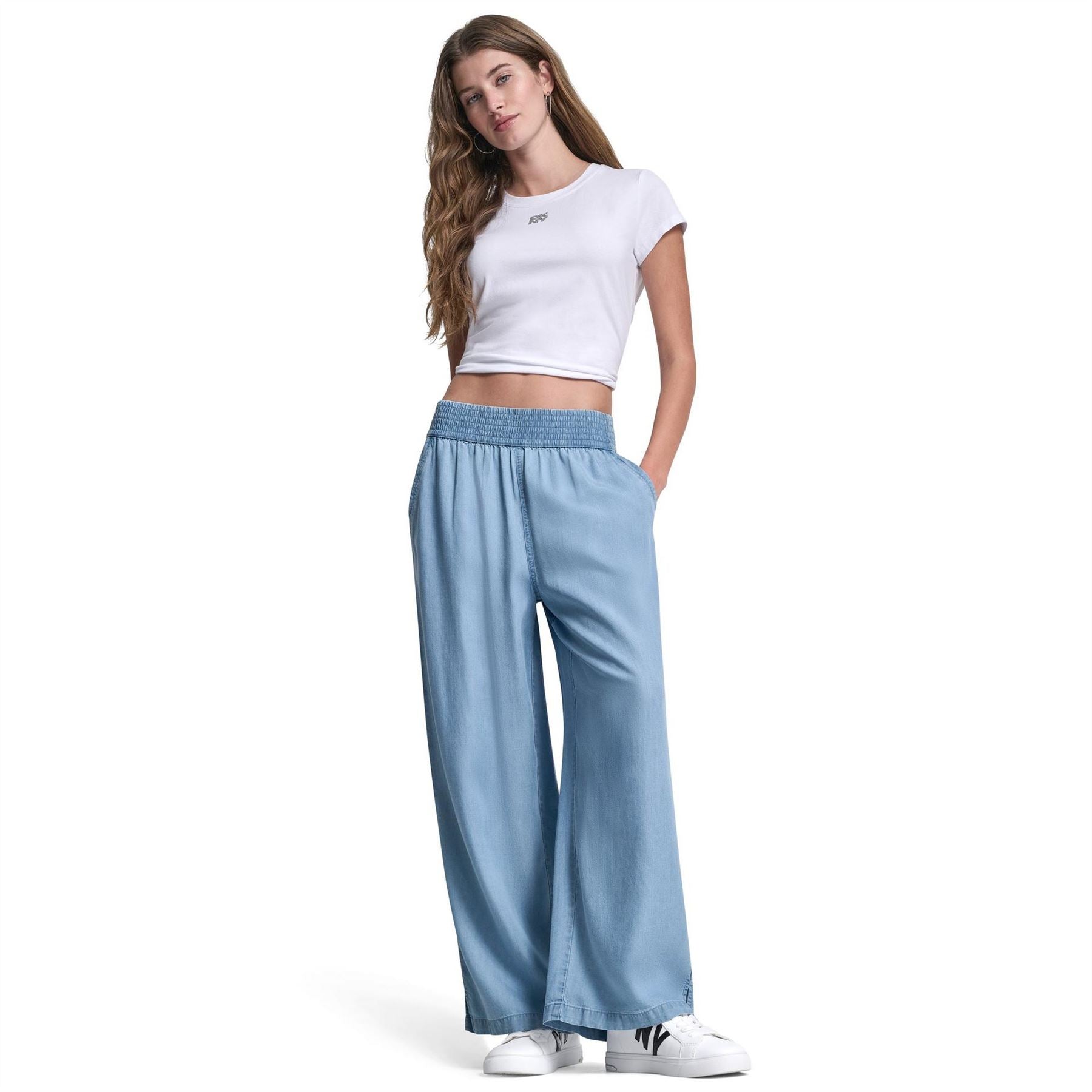DKNY Jeans Wide Leg Tencel Ankle Pant W  High Rise Smocked Waistband