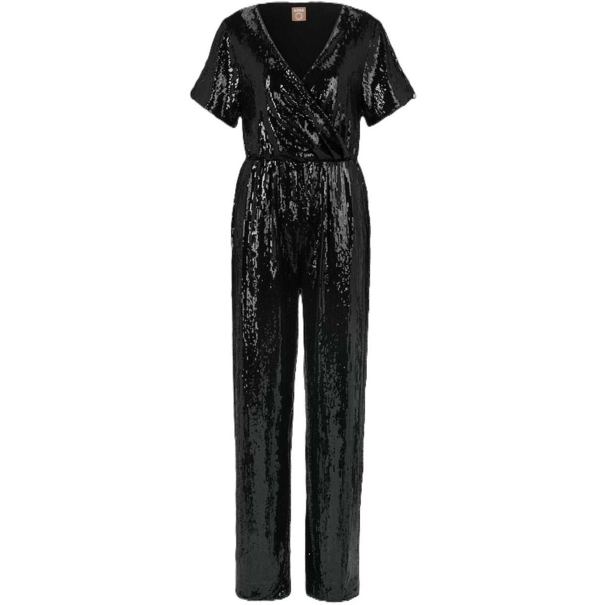 Boss V-Neck Short Sleeve Metallic Patterned Wrap Jumpsuit