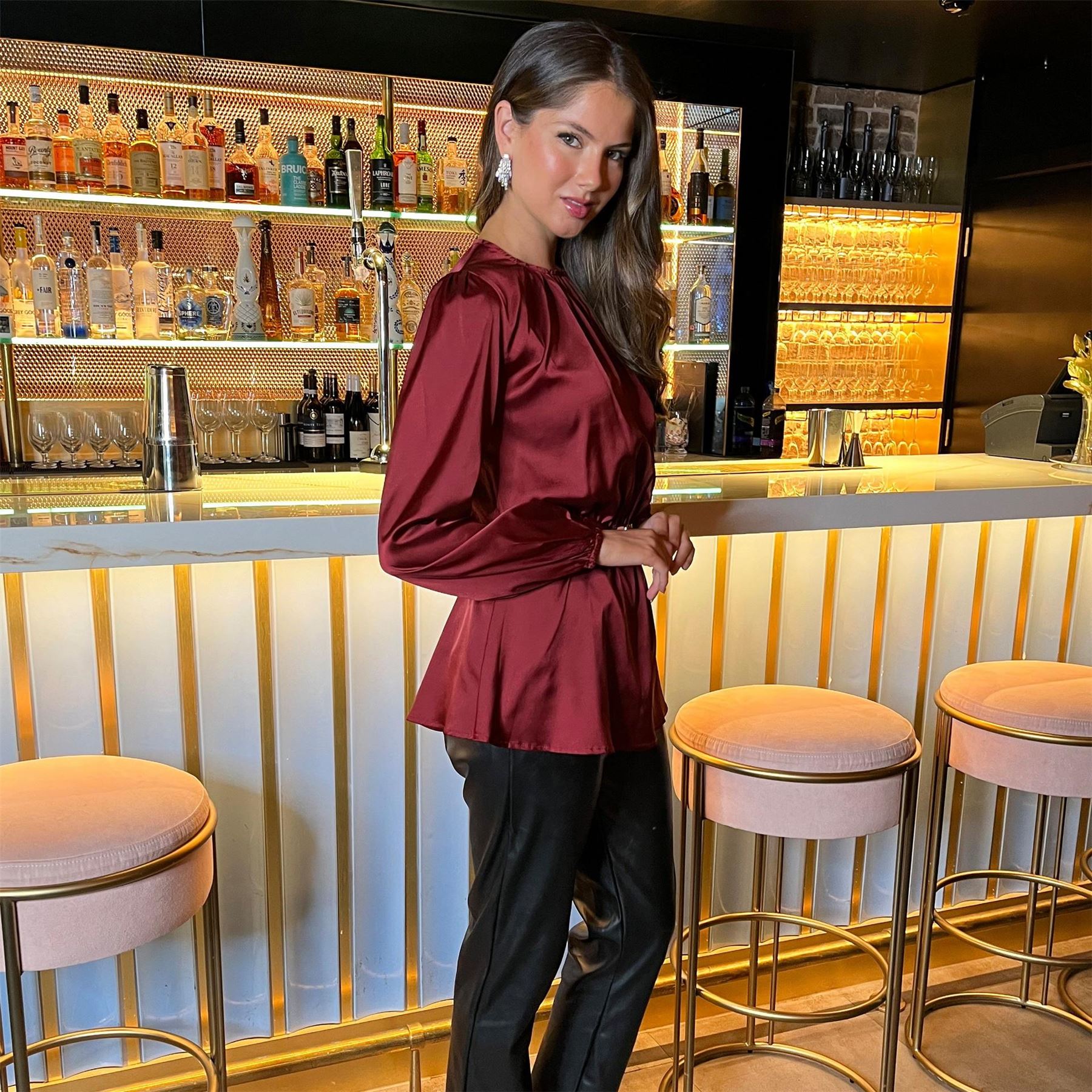 AX Paris Satin Long Sleeve Gold Detail Belt Top