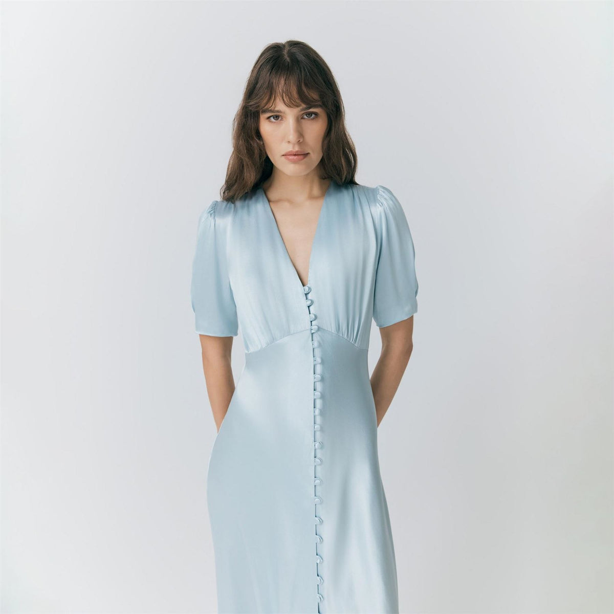Ghost Satin V-Neck Midi Slip Dress