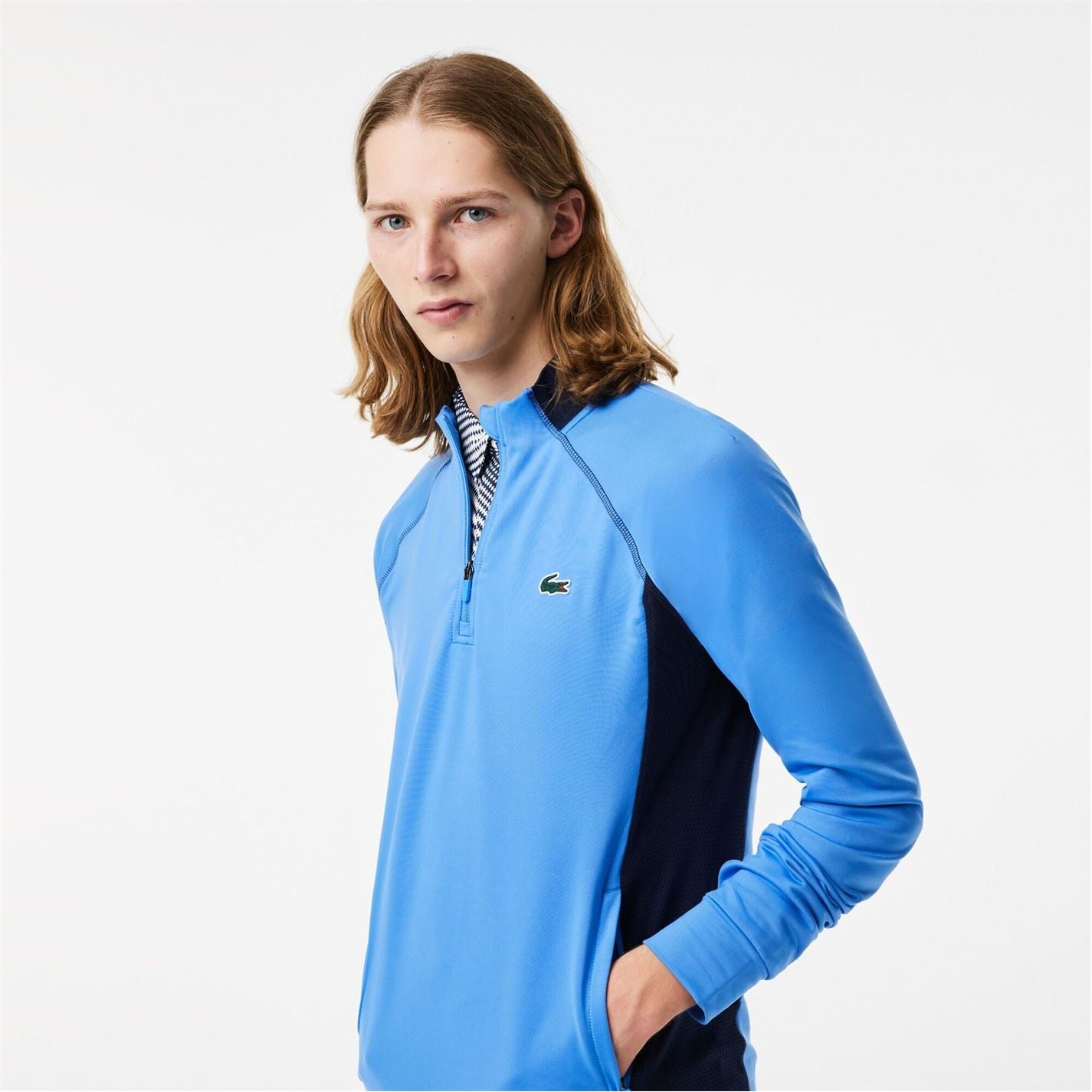 Lacoste Solid Patterned Zip Neck Ribbed Cuff Running Jacket with Logo