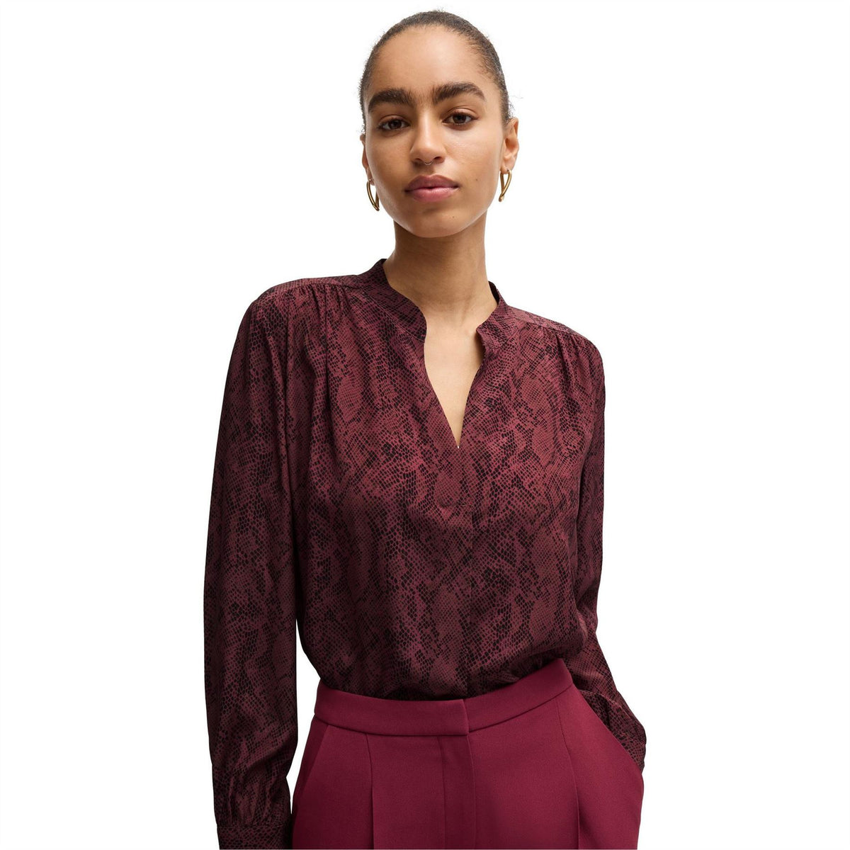 Boss Notched Neck Band Collar Long Sleeve Blouse