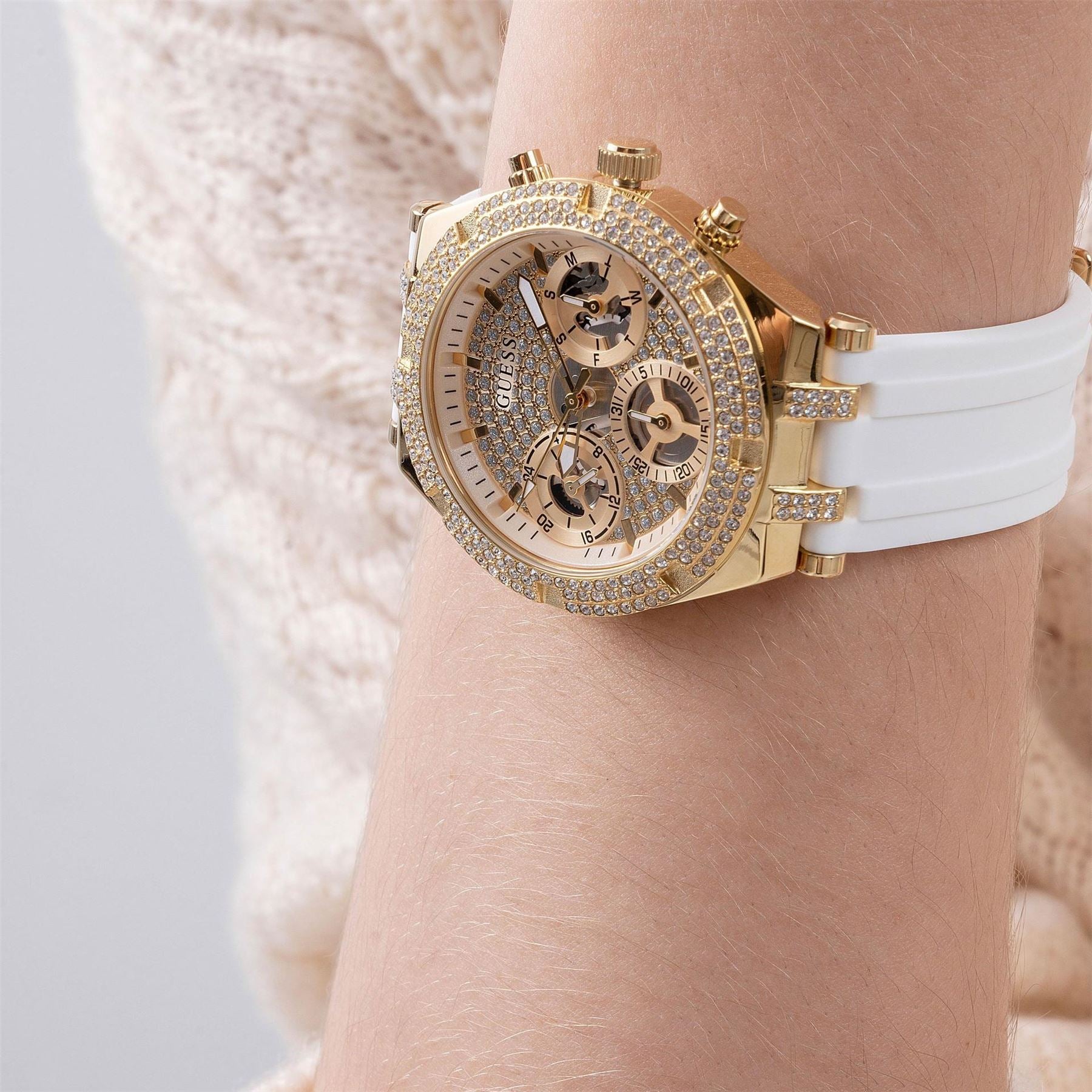 Guess Gold Analogue Quartz Watch With White Silicone Strap