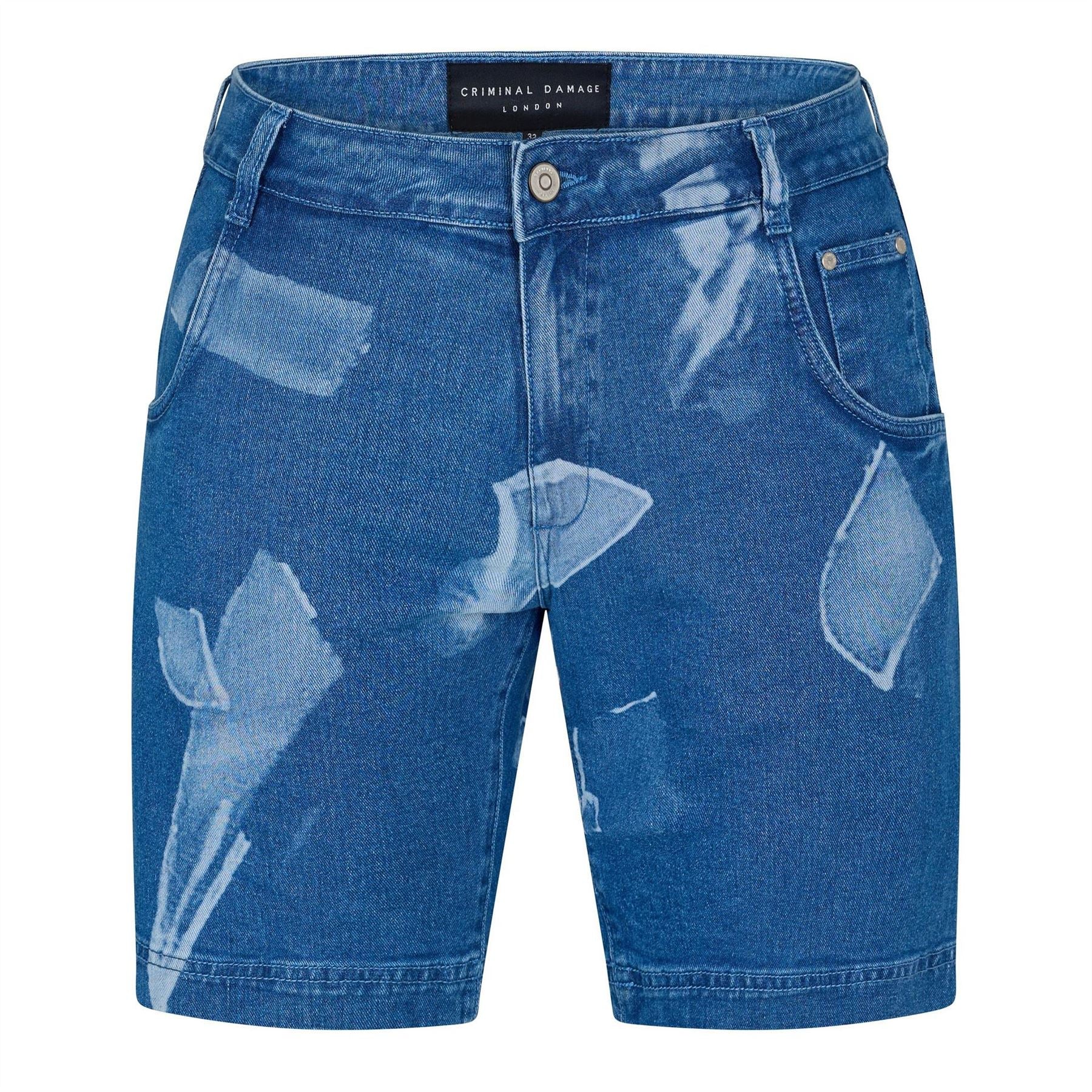 Criminal Damage Bleached Patterned Shard Denim Bermuda Shorts