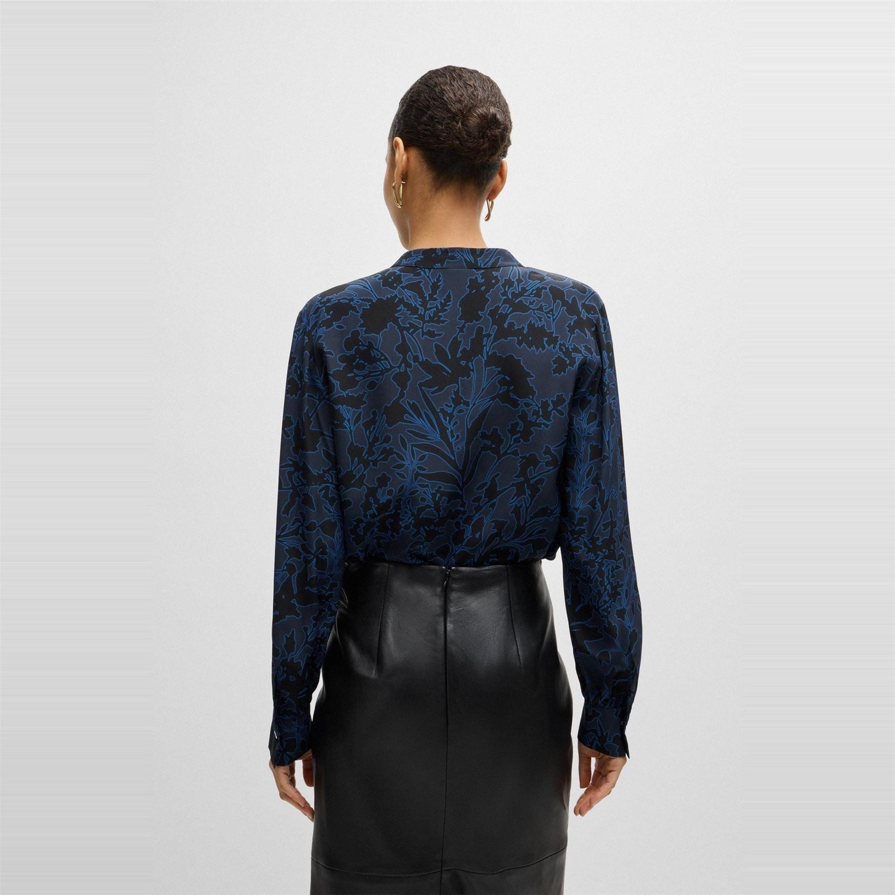 Boss Notched Neck Band Collar Long Sleeve Blouse