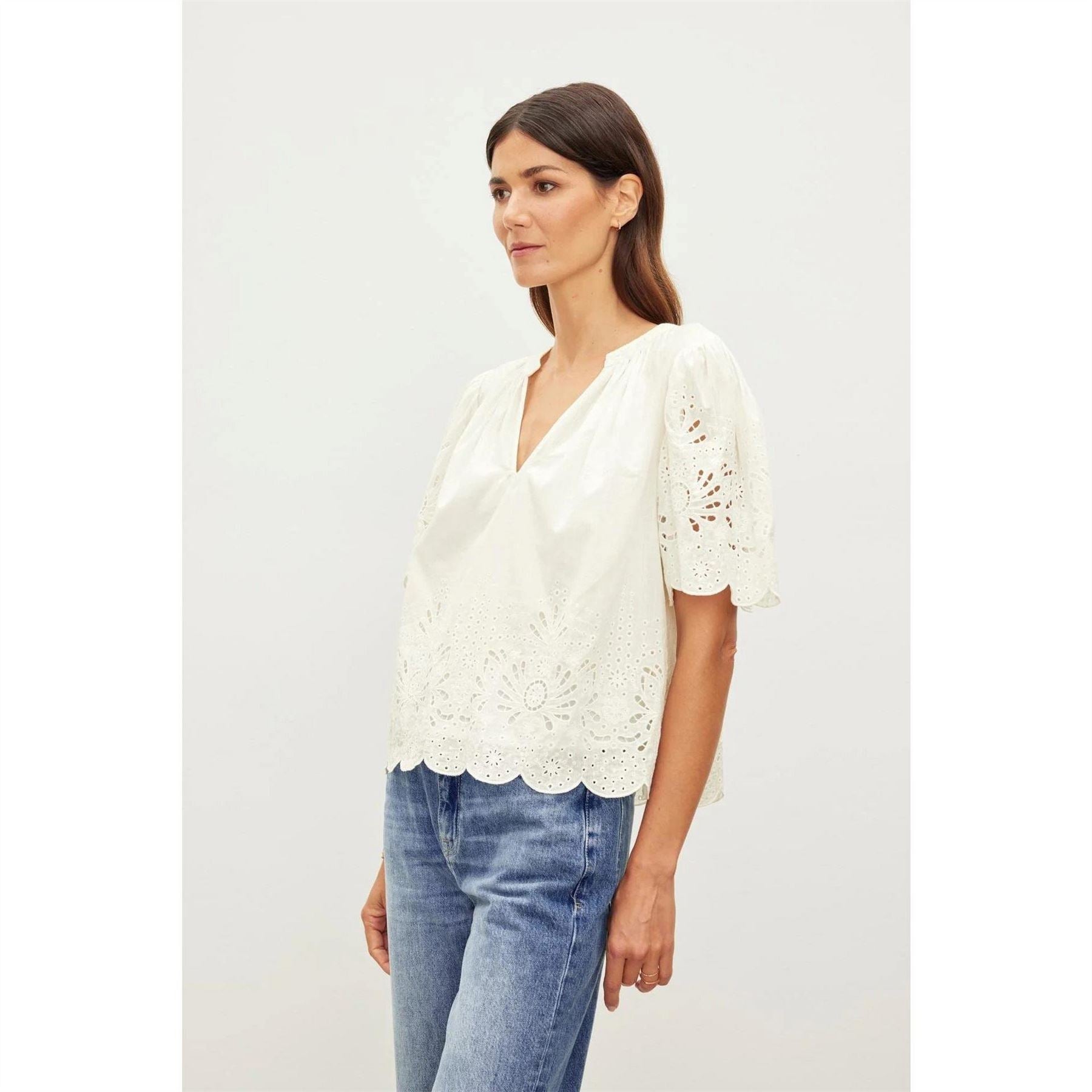 Velvet by Graham and Spencer Regular Fit Puff Sleeve V-Neck Blouse