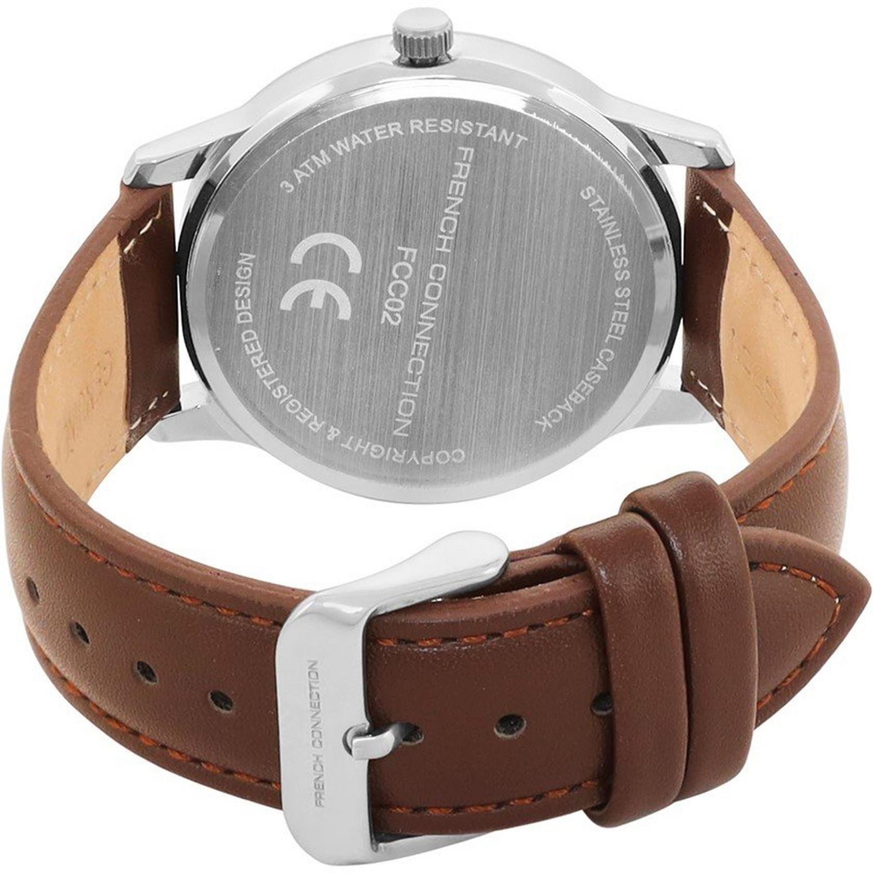 French Connection Connection Silver Case Round Shape Brown Strap Quartz Watch