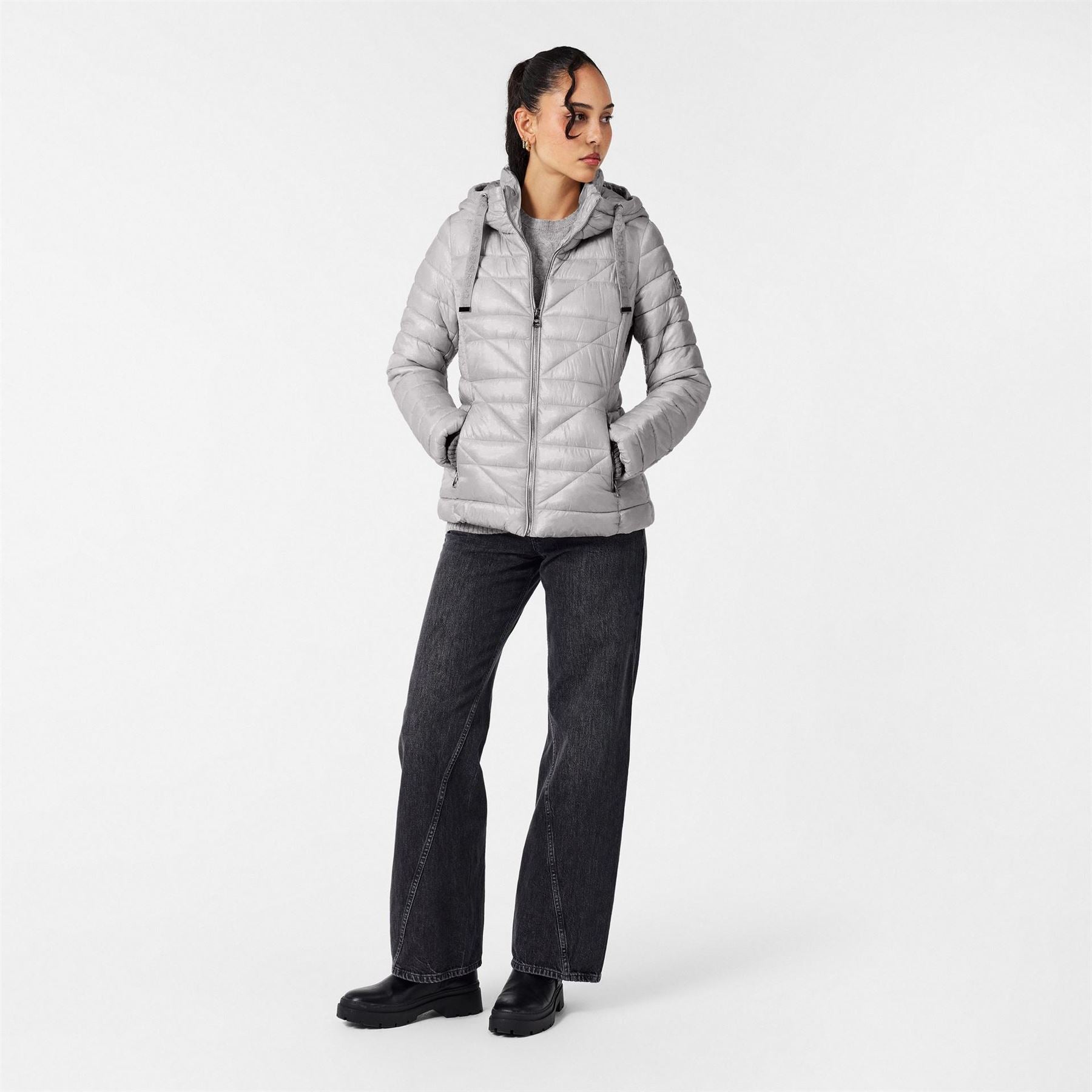 Karl Lagerfeld Solid Patterned Hooded Zipped Pocket Puffer Jacket