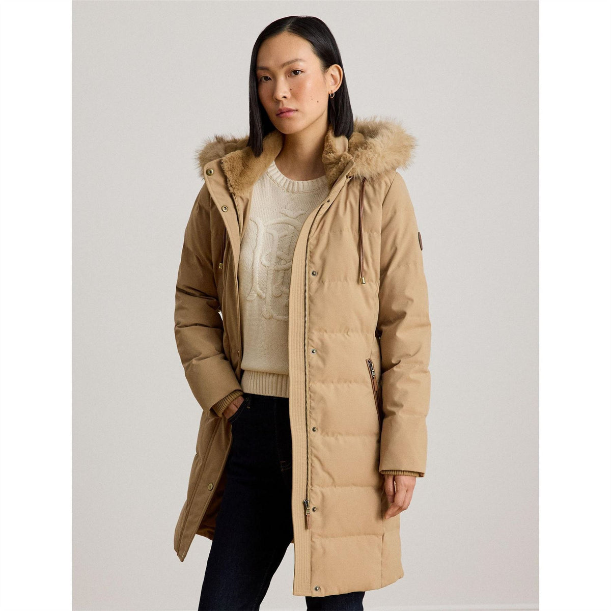 Lauren by Ralph Lauren Real Leather Fur Hood Medium Puffer Jacket
