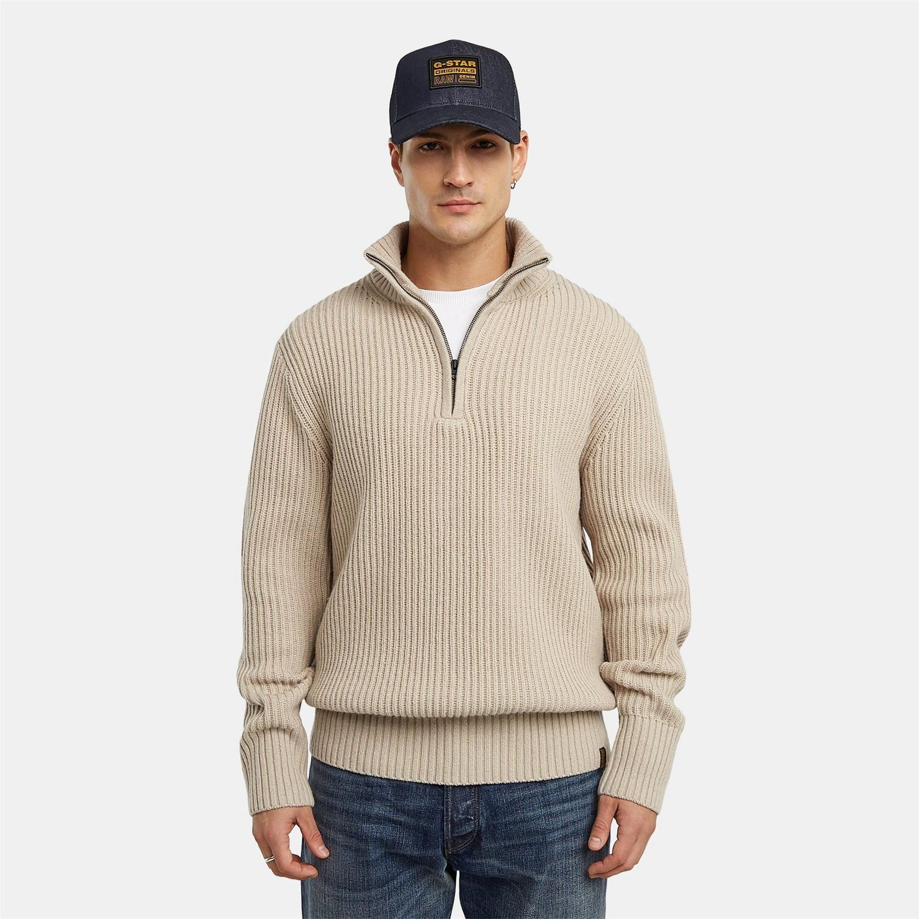 G Star Chunky Zip Neck High Collar Long Sleeve Sweater