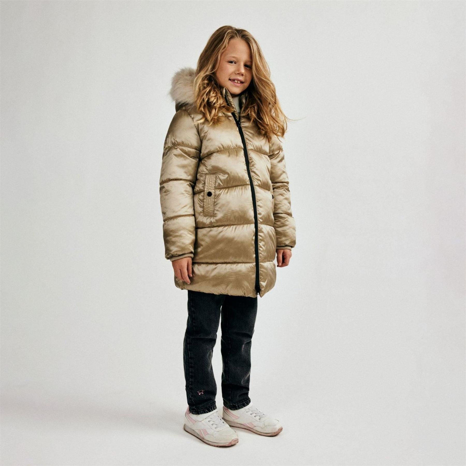 Minoti Girls Long Quilted Winter Coat With Faux Fur Trim Gold