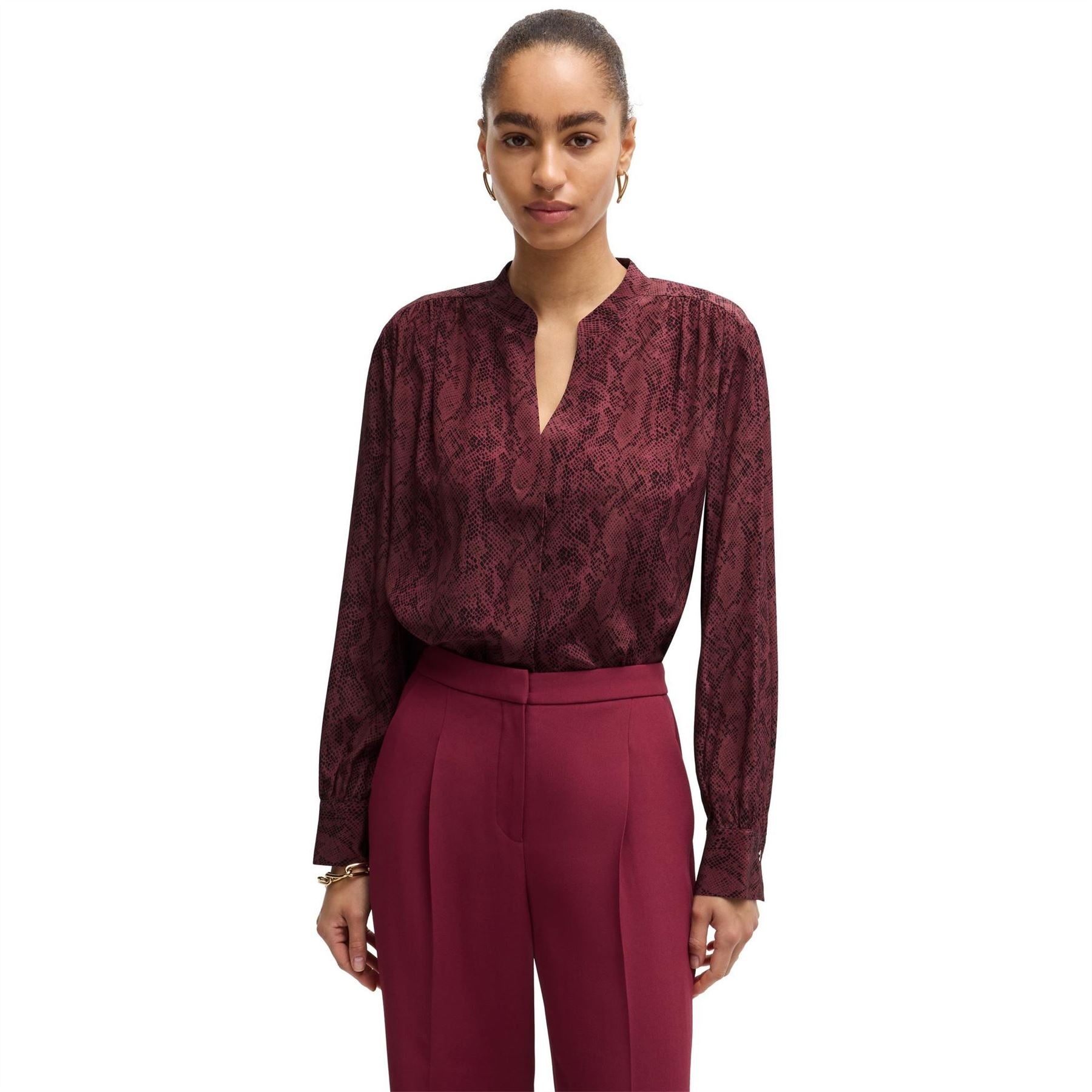 Boss Notched Neck Band Collar Long Sleeve Blouse