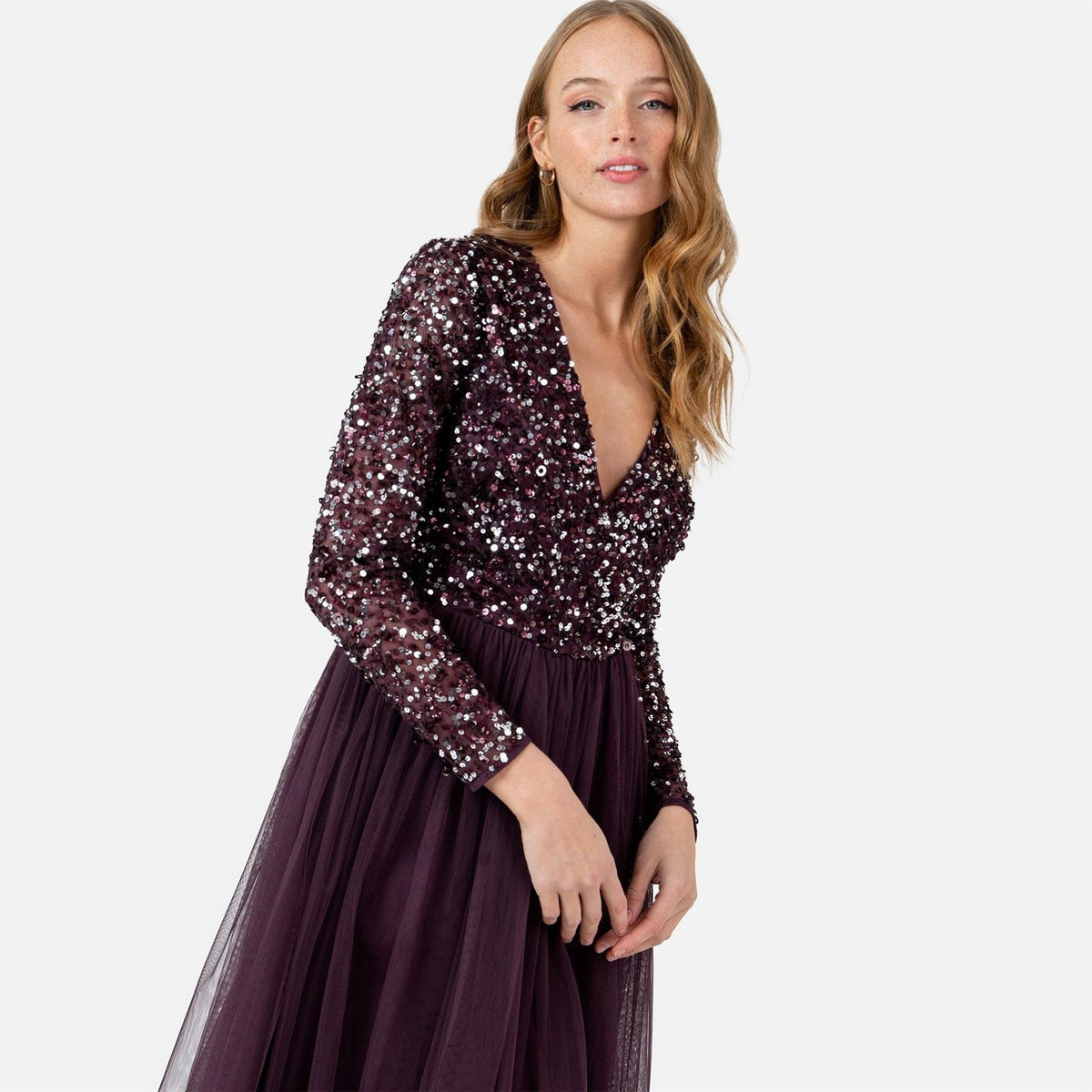Maya Deluxe Berry Faux Wrap Front Embellished Maxi Dress